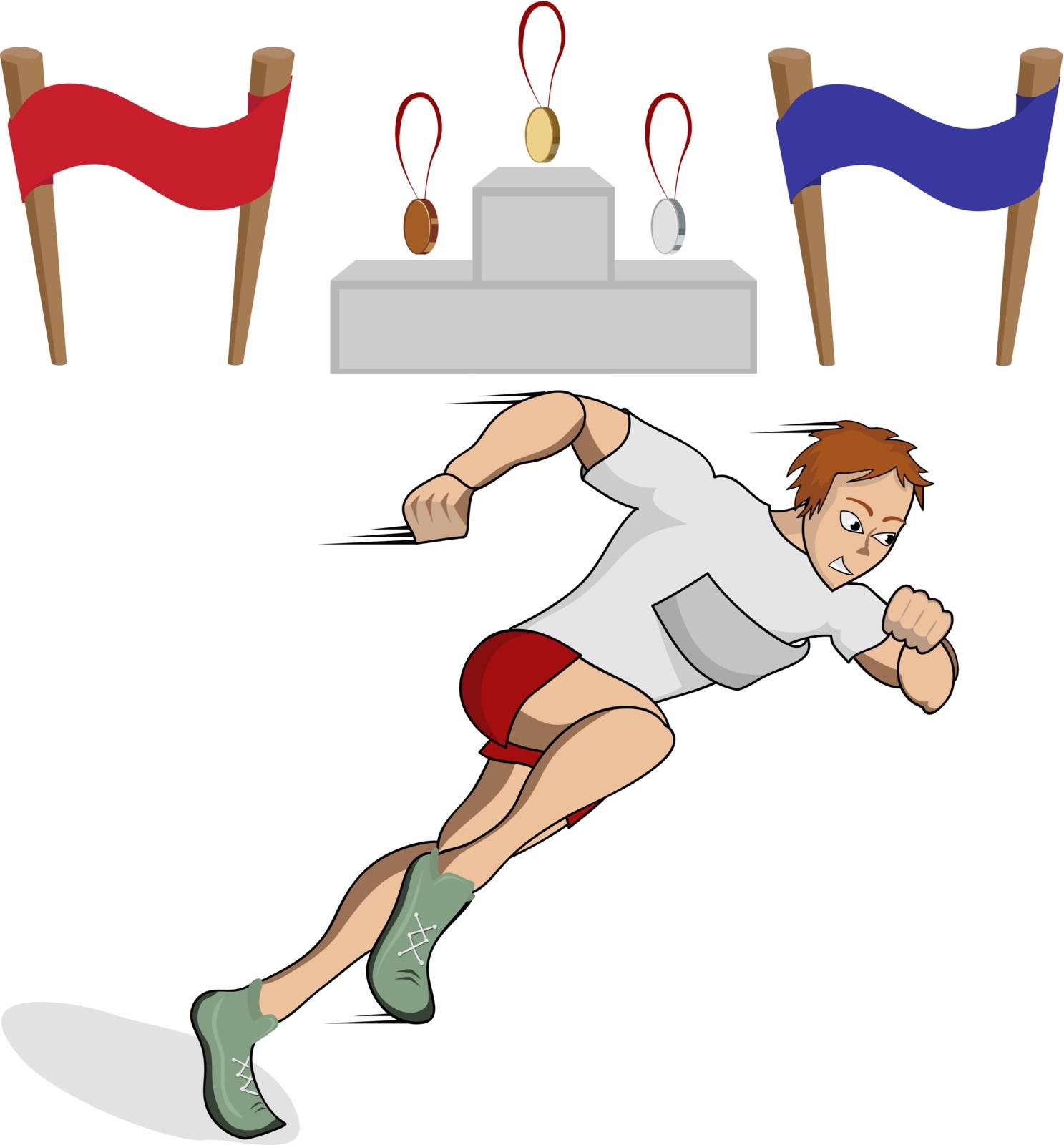 Vector illustration athlete runner in the competition with the finish line , a podium and medals