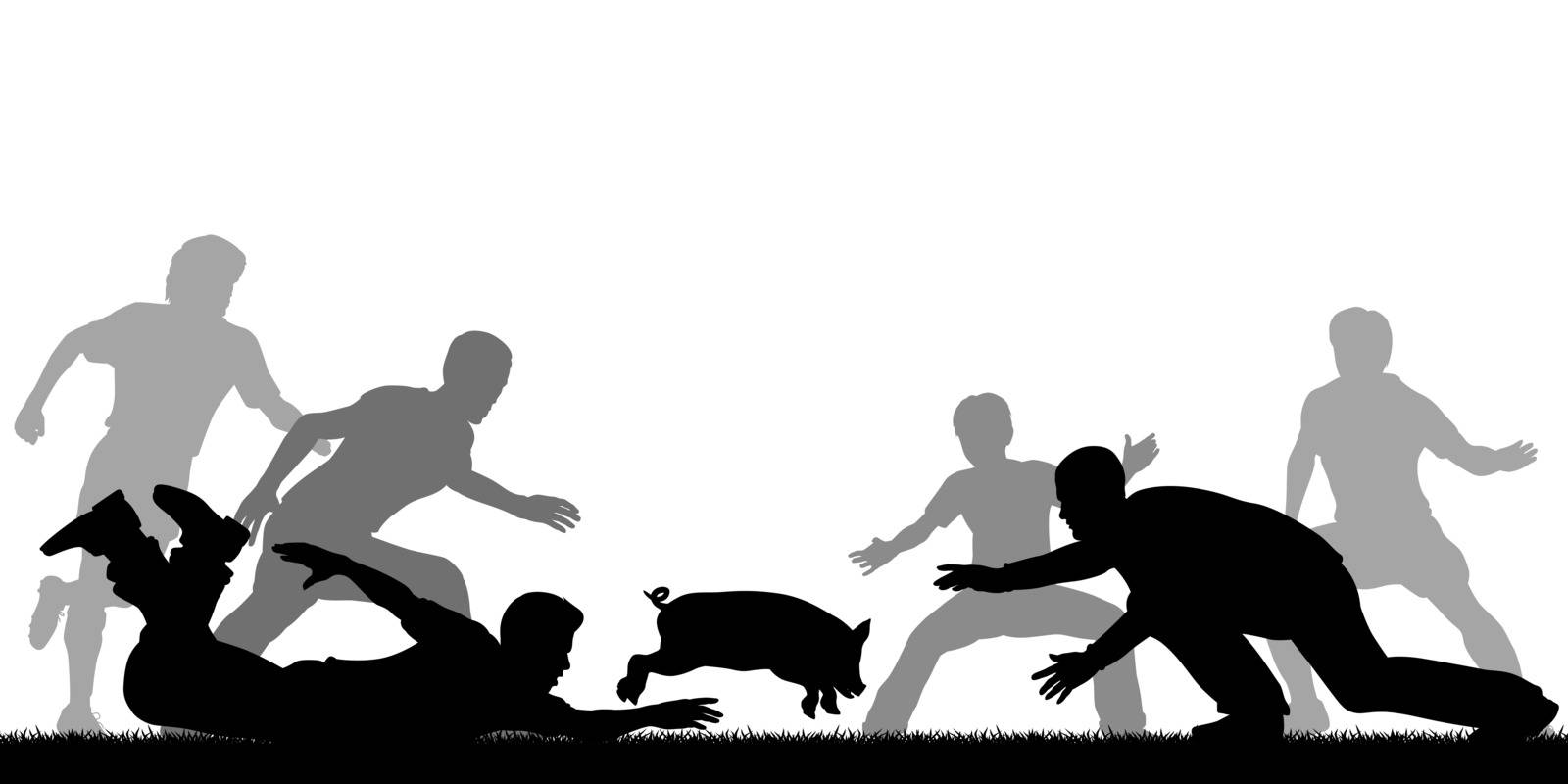 Editable vector illustration of people trying to catch a slippery greased piglet