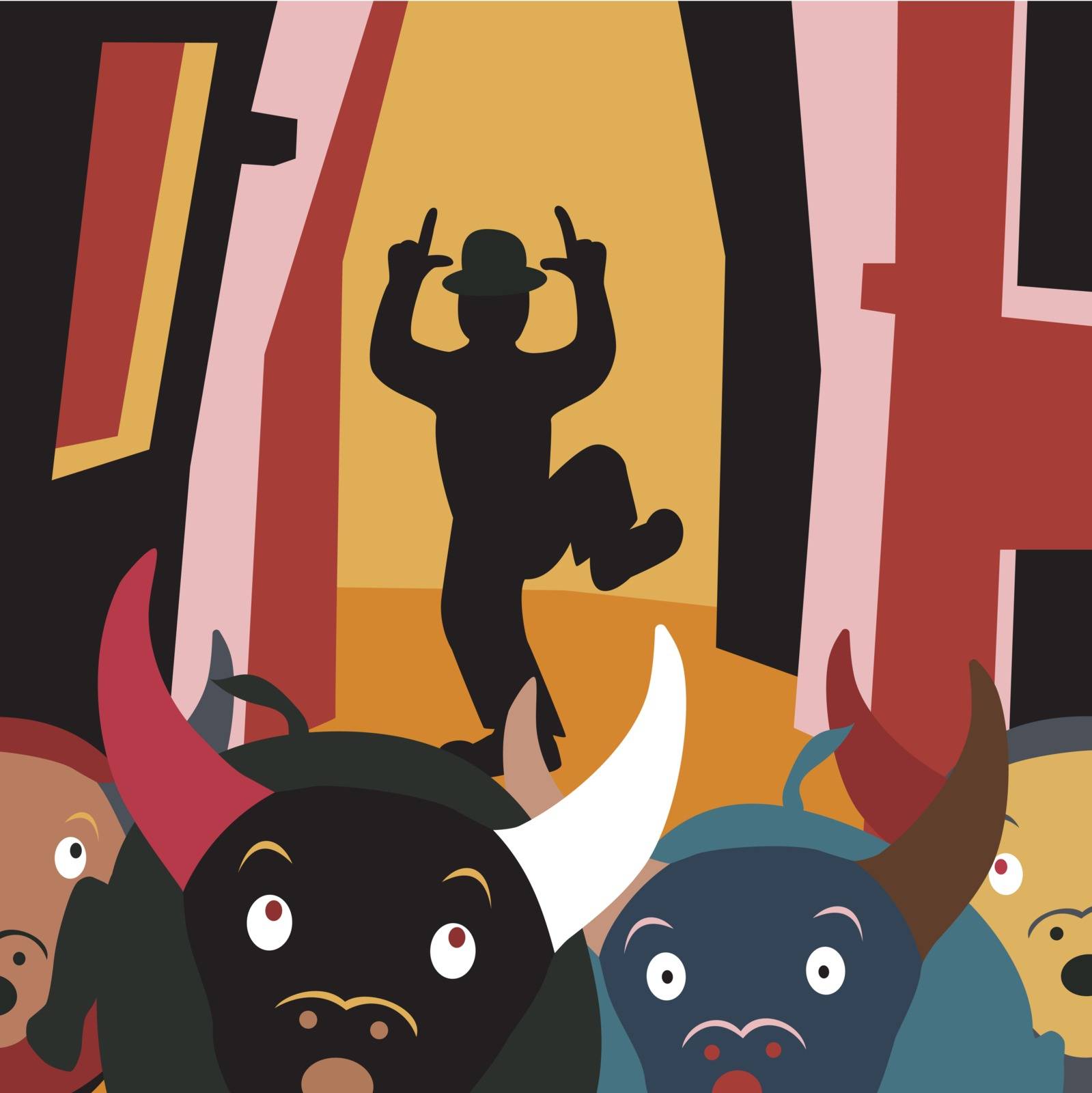 Editable vector cartoon illustration of bulls running away from a man in a street festival