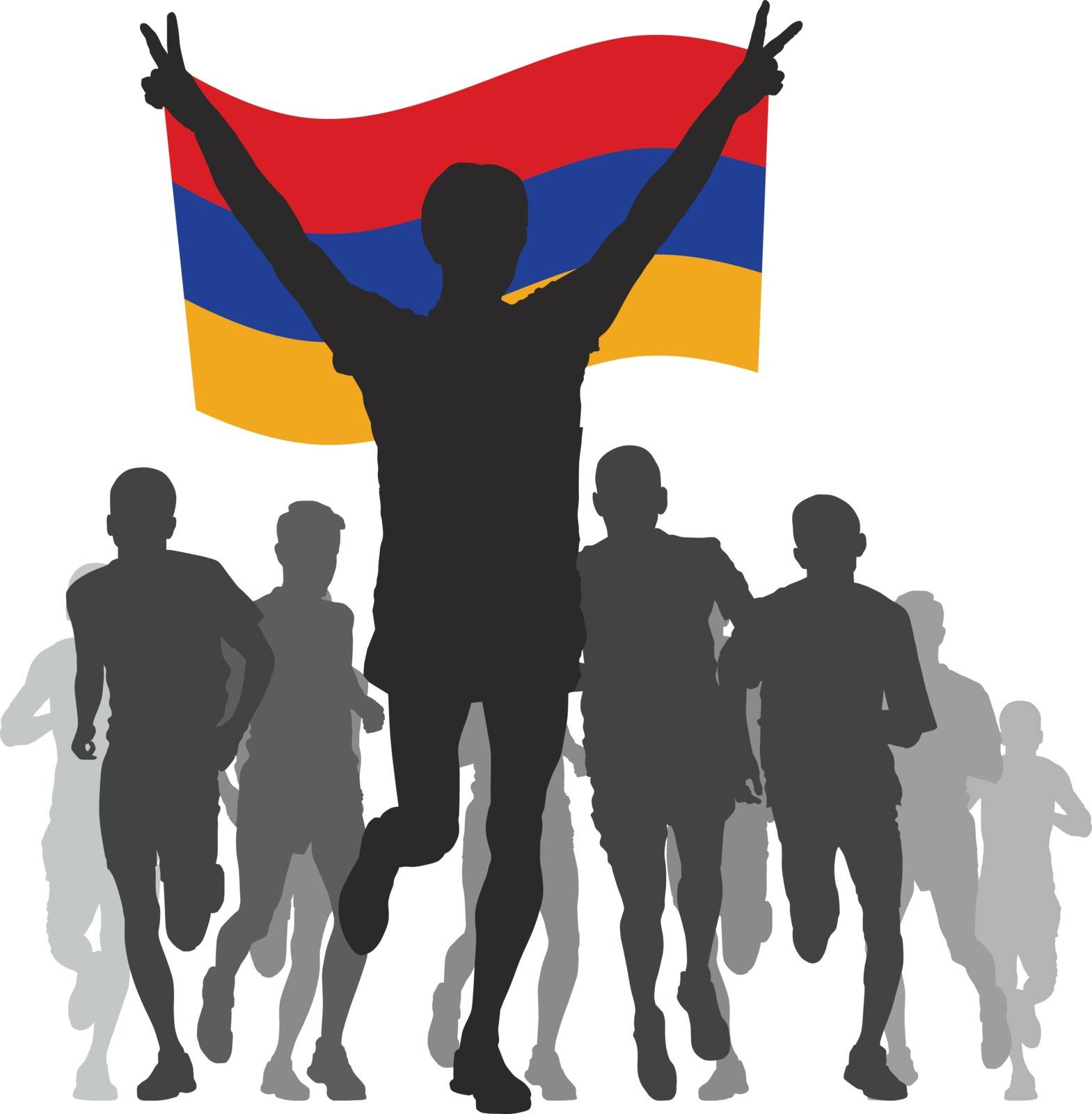 silhouettes of athletes, runners at the finish, winner holding Armenia flag overhead