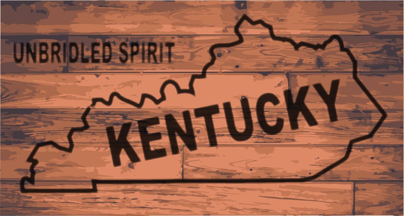 Kentucky state map brand on wooden boards with map outline and state moto