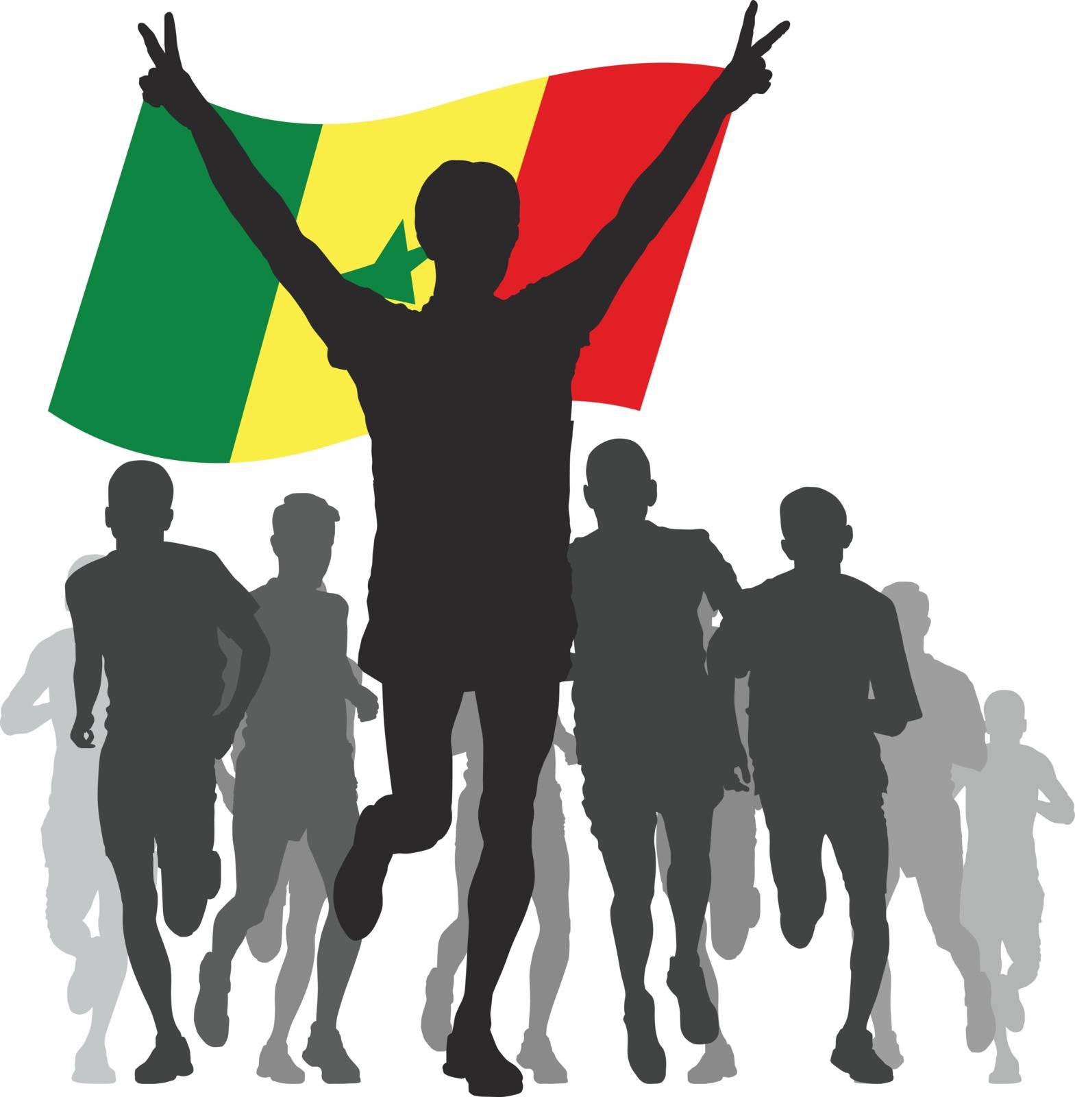 silhouettes of athletes, runners at the finish, winner holding Senegal flag overhead