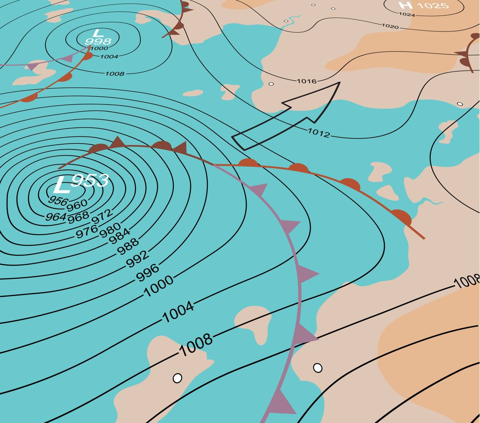 Editable vector illustration of an angled generic weather map showing a storm depression