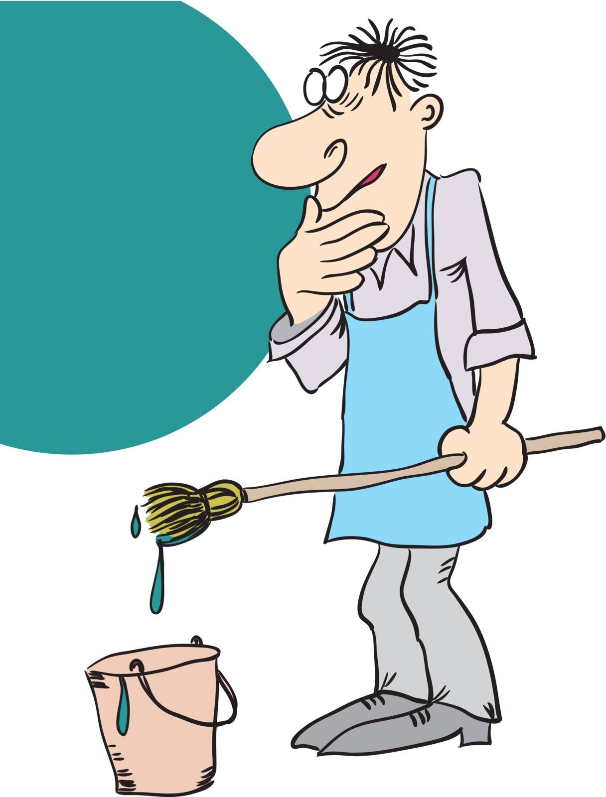 Cartoon image of a painter with a long brush and a bucket of paint. Vector illustration.