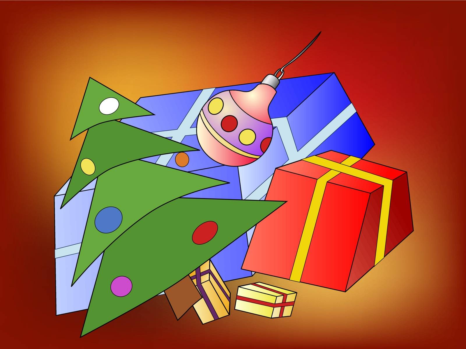 Illustration of the Christmas tree and Christmas presents