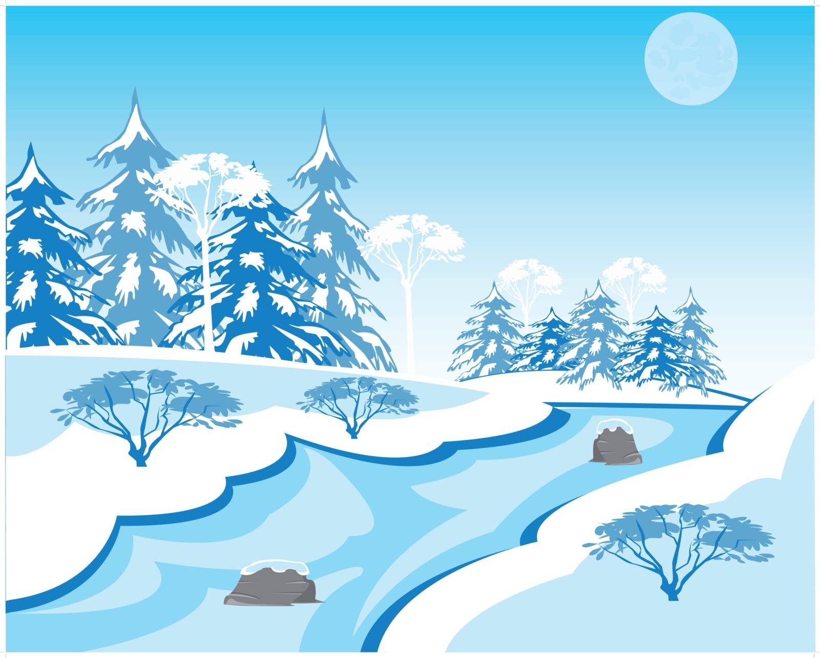 Vector illustration of the winter landscape with stream and wood