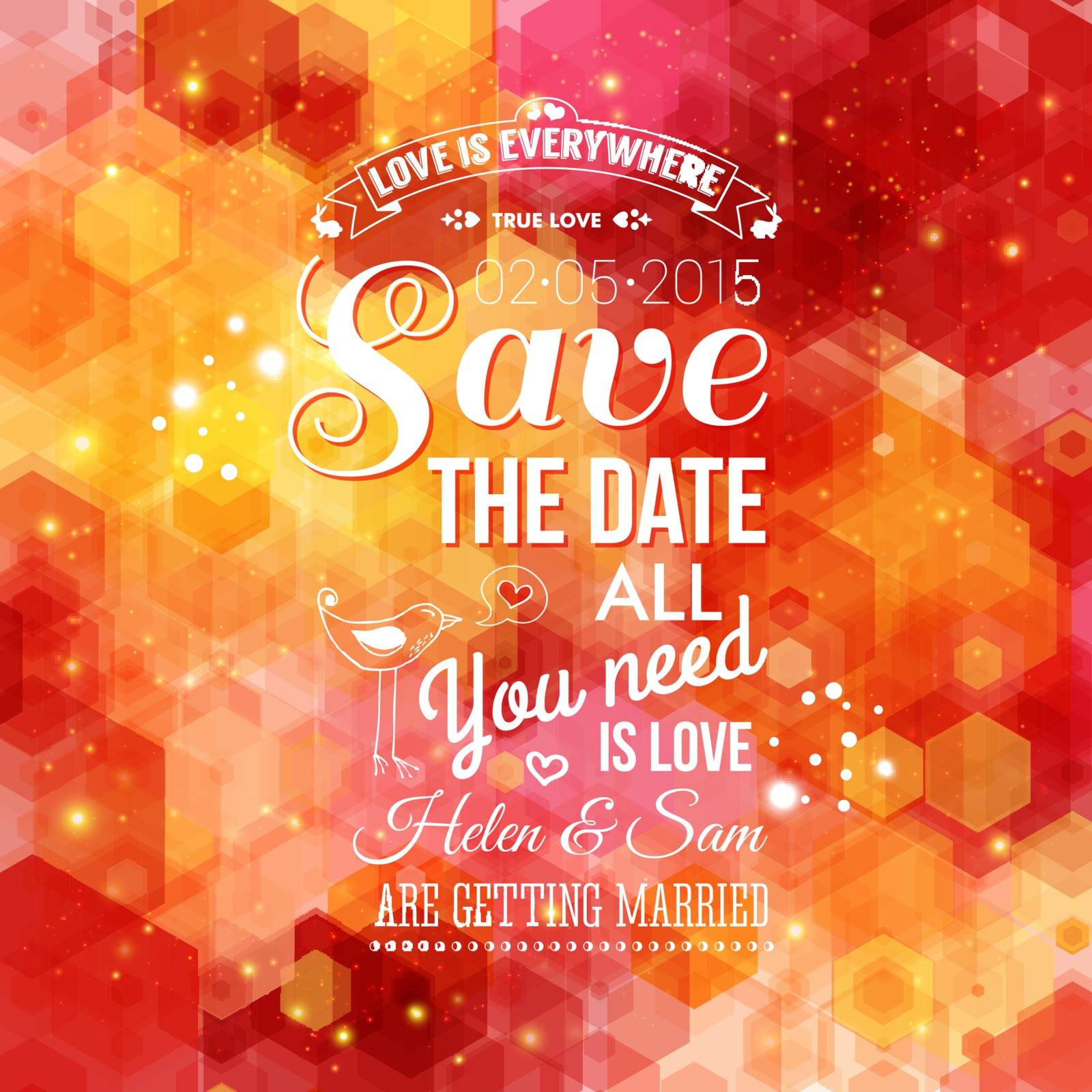 Save the date for personal holiday. Wedding invitation on a bright hexagon background. Vector illustration. 