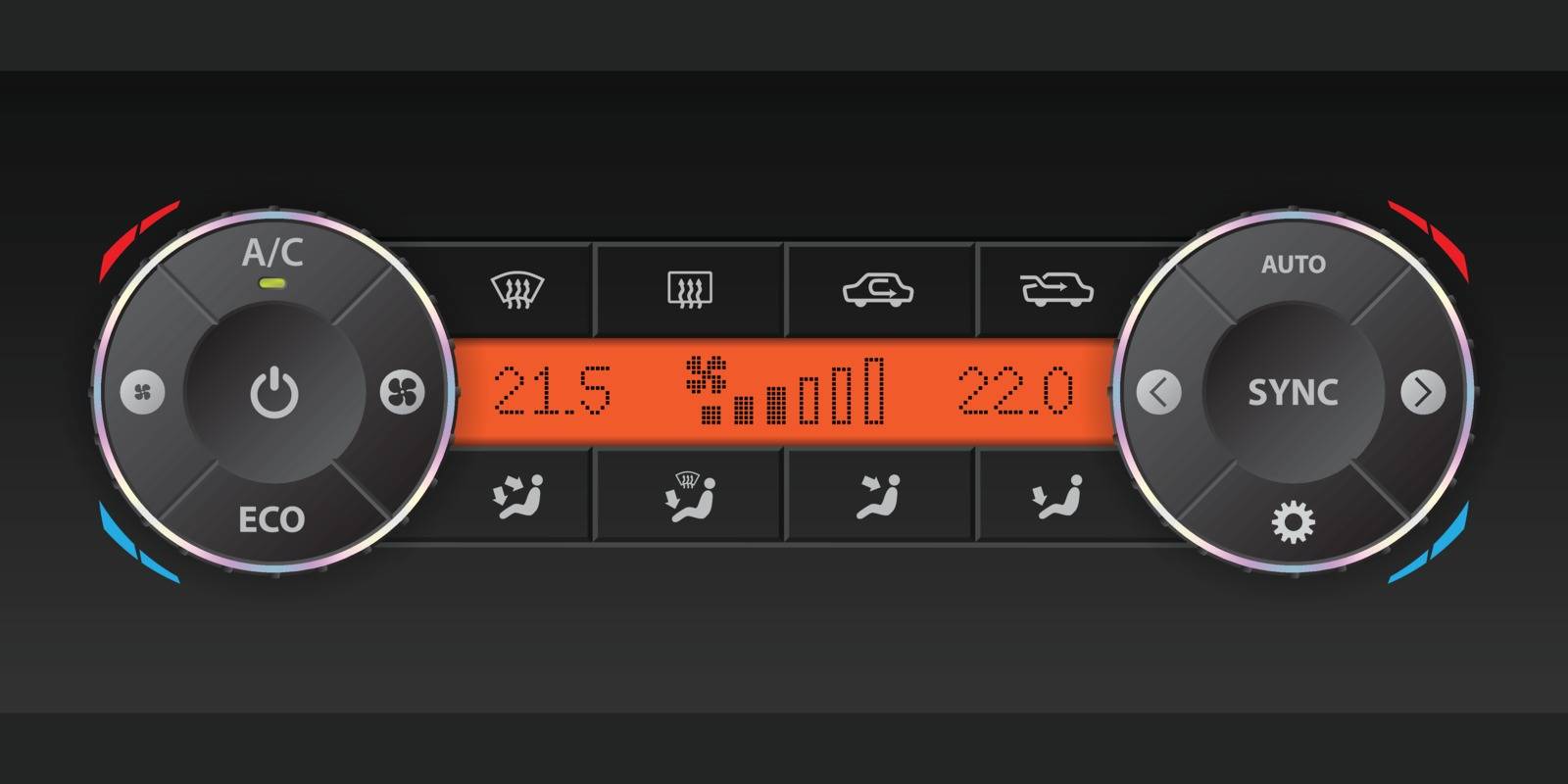 Digital air condition dashboard design with dual ac and orange lcd