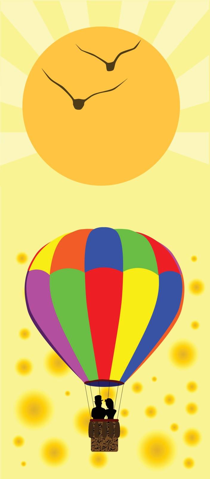 A typical multi coloured hot air balloon floating away with a couple in silhouette in the basket, all over a aummer style background.