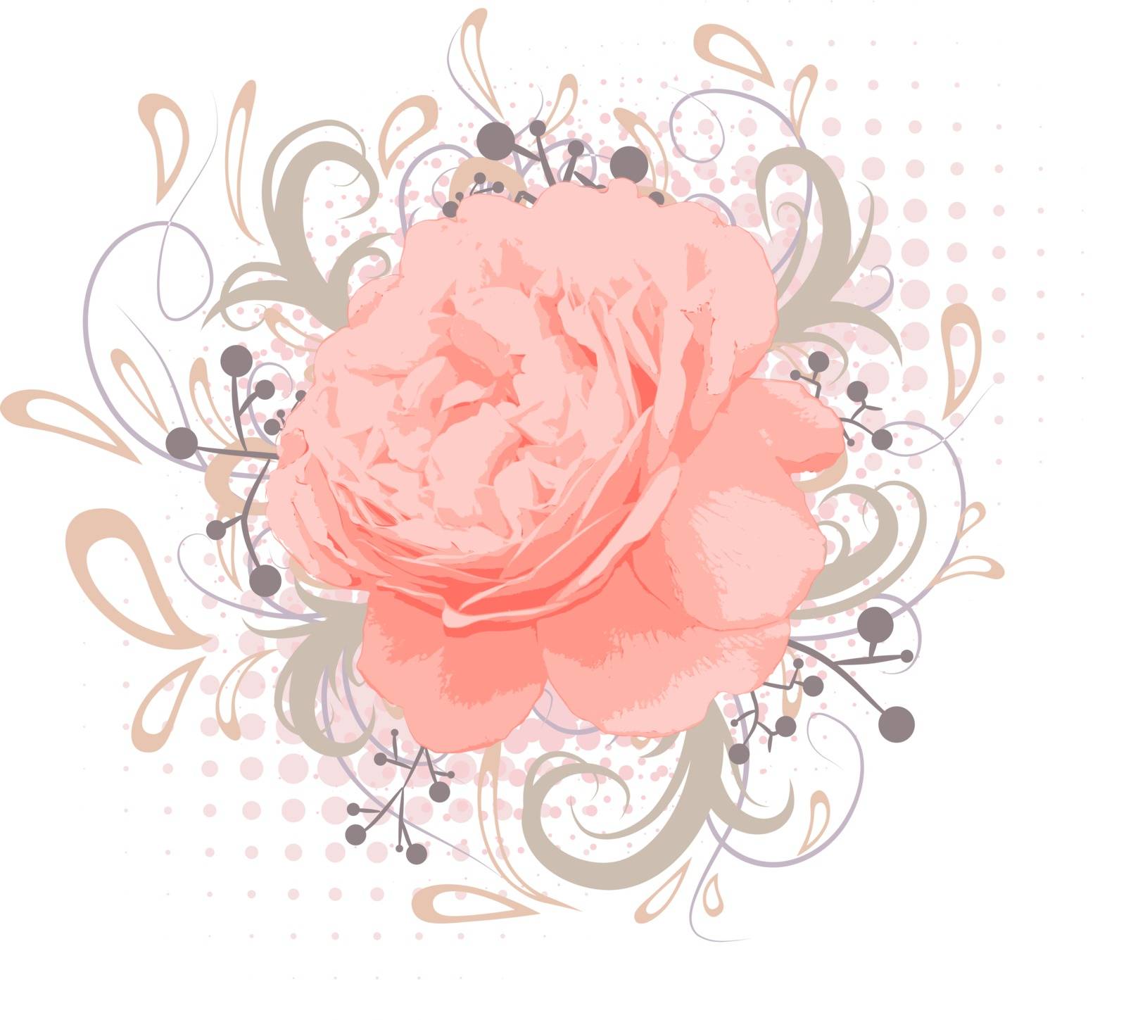 Vintage Abstract Peony Flower With Floral decoration Over White