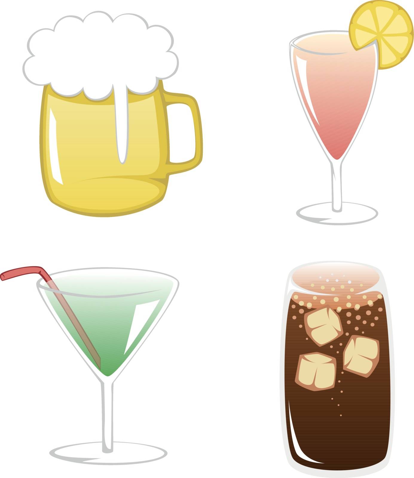 Simple flat illustration of three colorful and popular summertime drinks - beer, cocktails and coke with ice