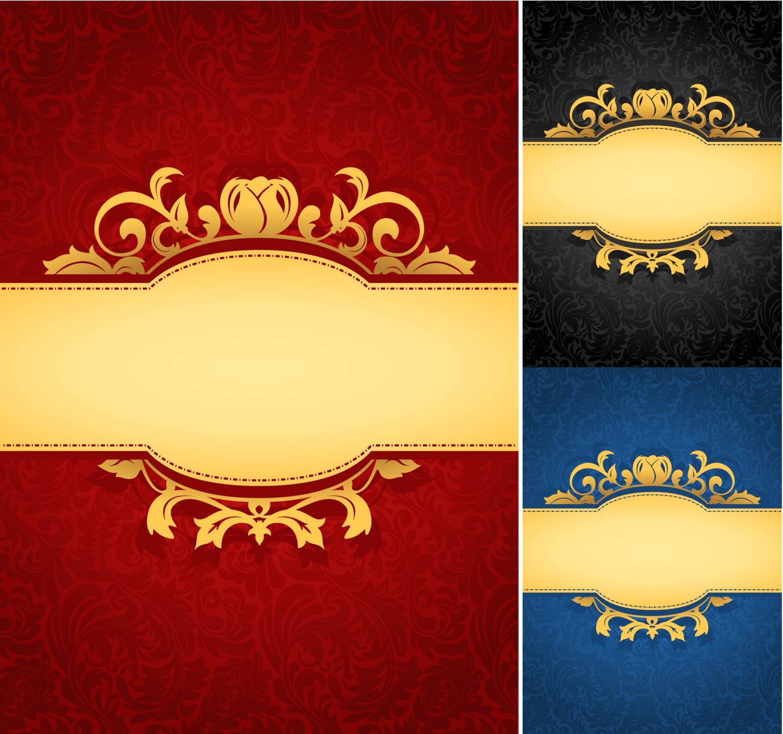 A collection of royal aged damask parchment backgrounds with wallpaper design. Gold with blue, red, black.