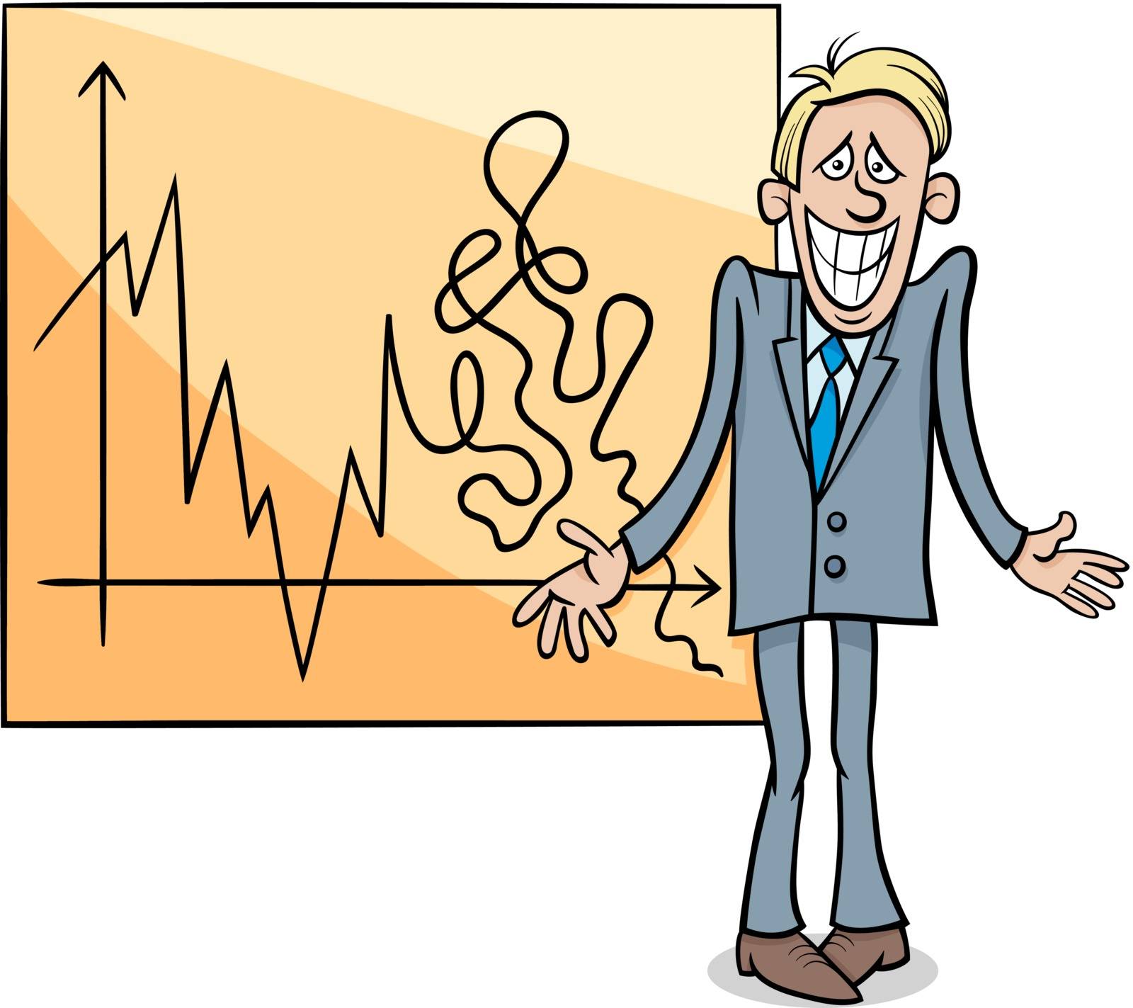 Concept Cartoon Illustration of Economic Crisis Diagram and Businessman with Cheesy Grin