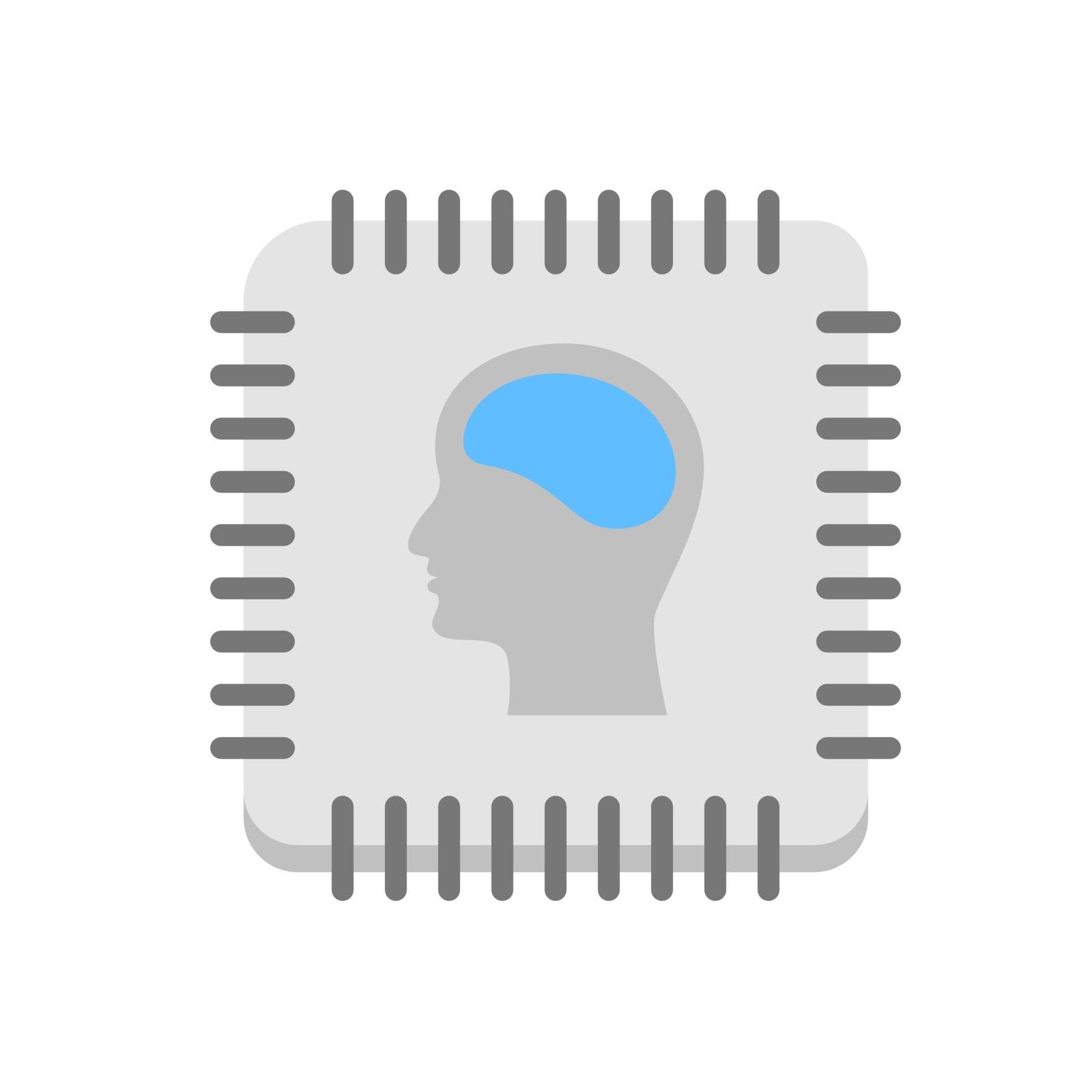Artificial intelligence icon. Vector illustration of a computer chip with man portrait and brain.