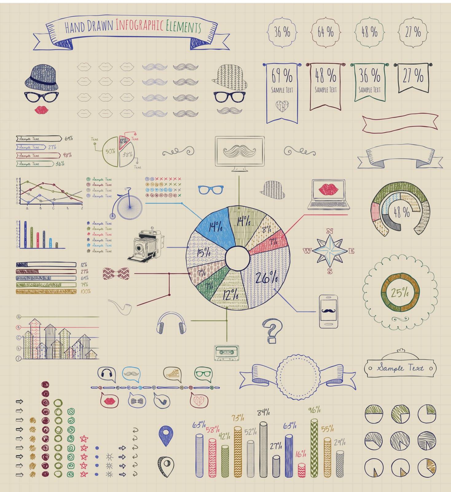Hand-Drawn Doodle Design Elements and Icons of Vintage Infographics. Vector Illustration