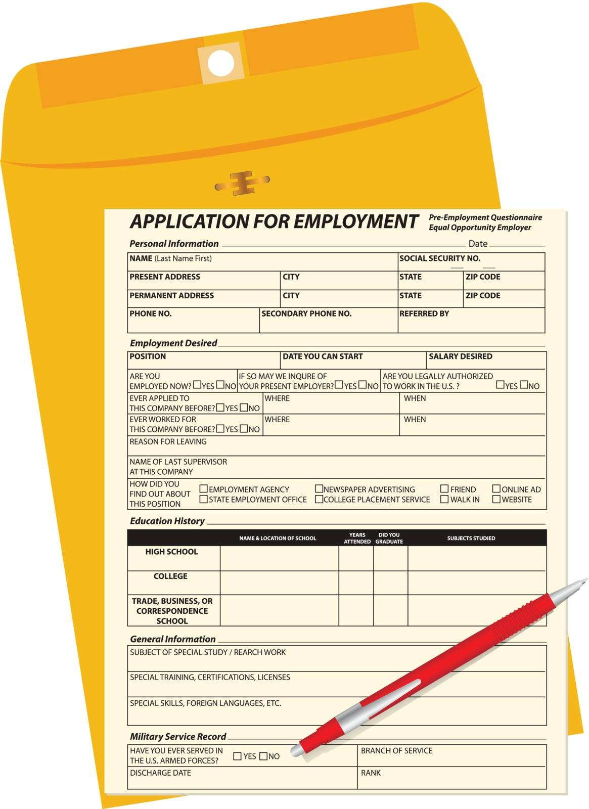 The application form for the vacancy to the mail envelope. Vector illustration.