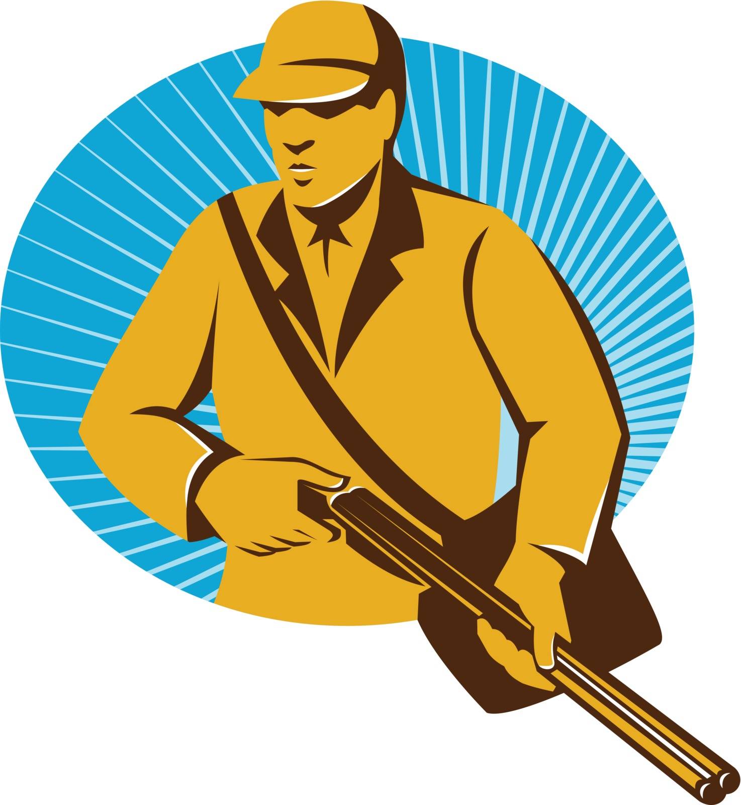 vector illustration of a hunter hunting with shotgun rifle oval done in retro style.