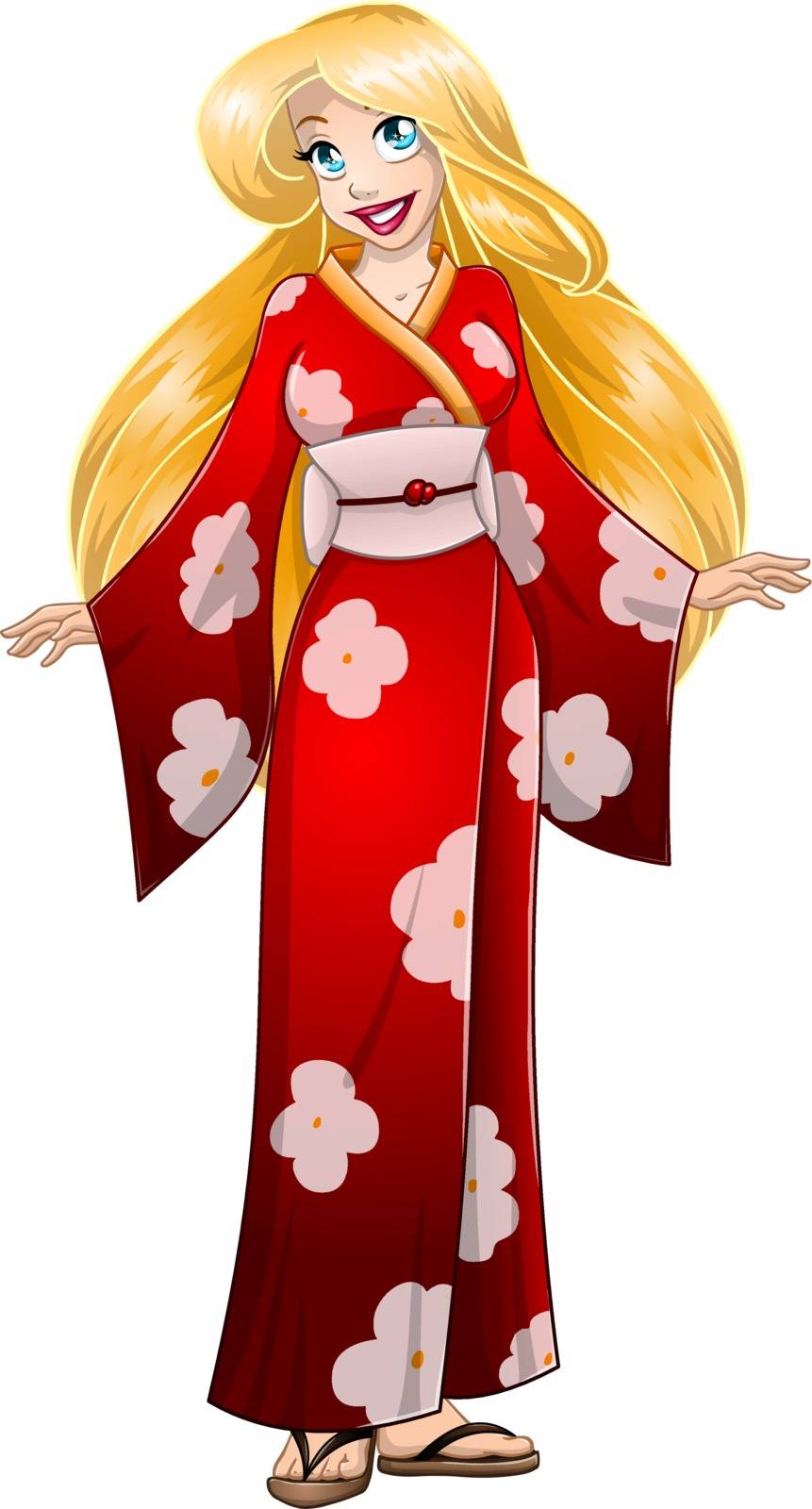 Vector illustration of a caucasian blond woman in traditional red japanese kimono.
