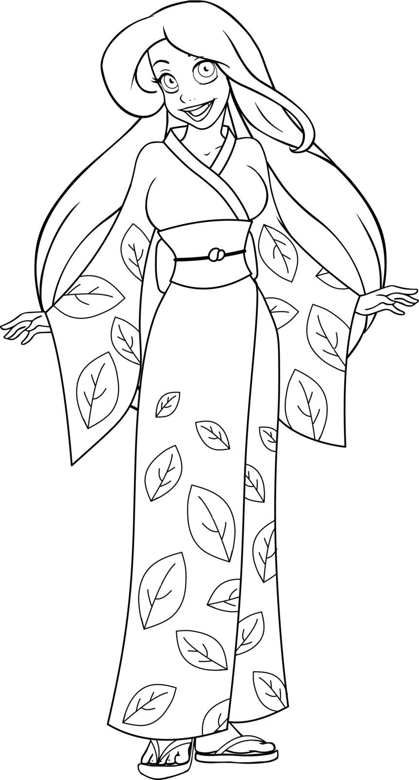 Vector illustration coloring page of a caucasian woman in traditional japanese kimono.
