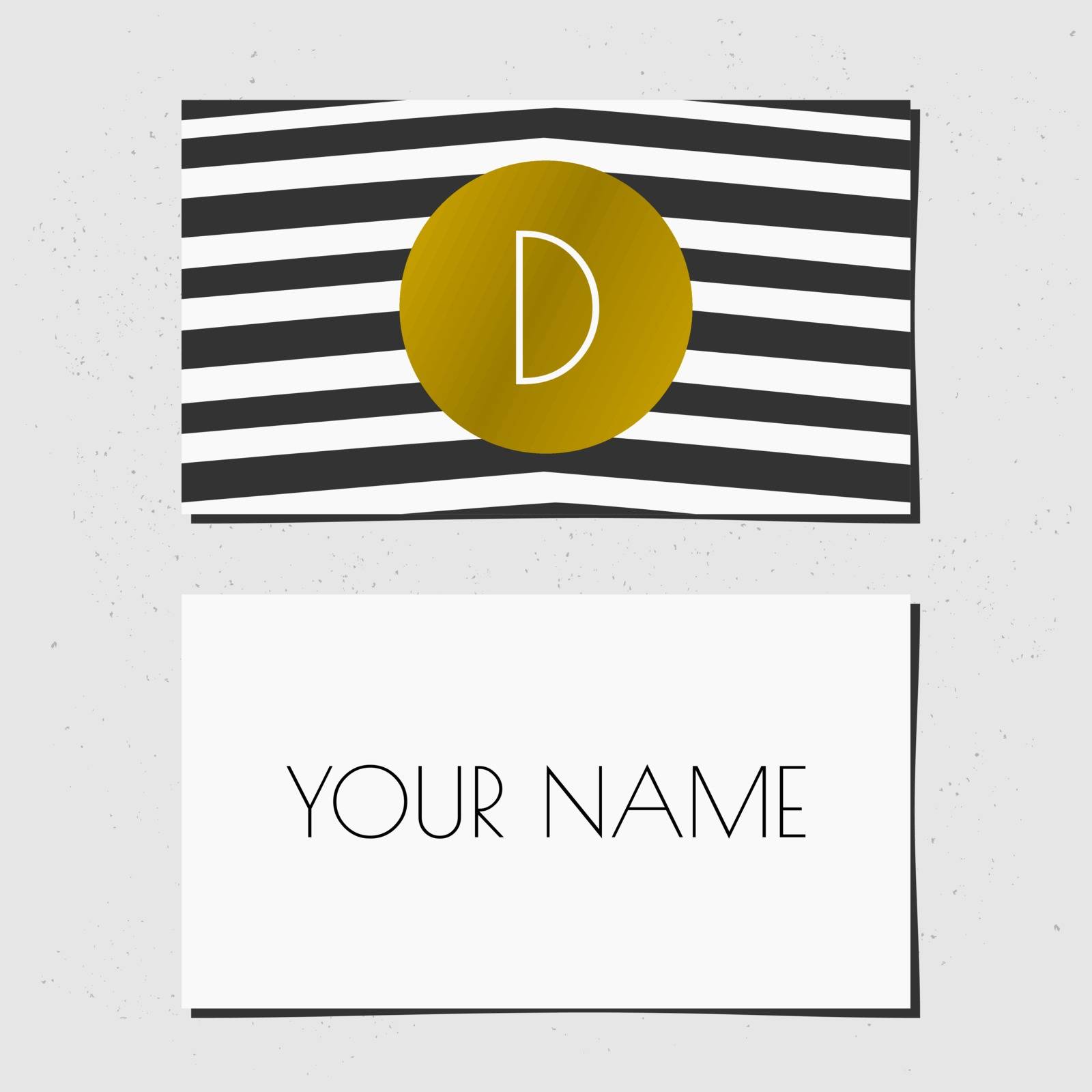 Modern business card template design. Golden circle with monogram letter on a black and white chevron background.