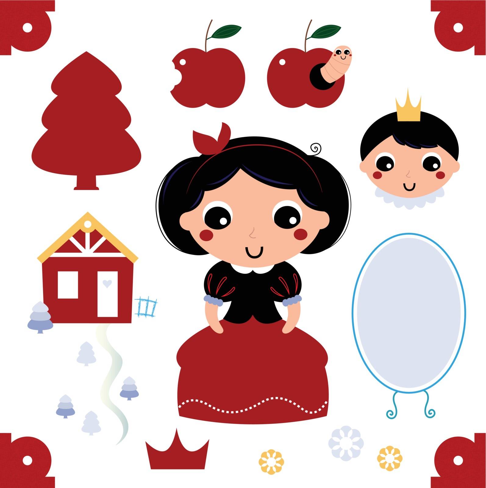 Beautiful and adorable snow white set. Vector cartoon illustration