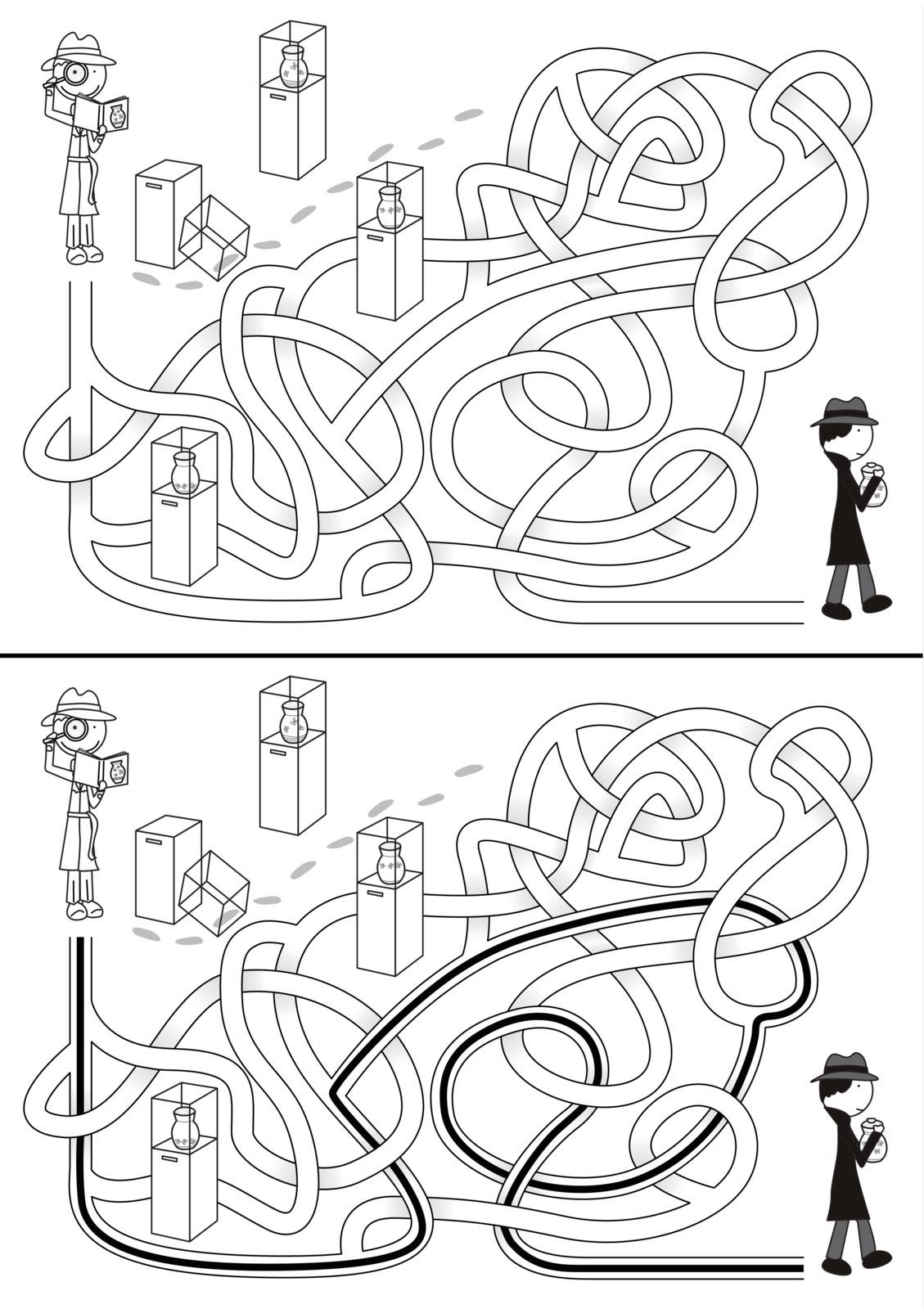 Detective maze for kids with a solution in black and white