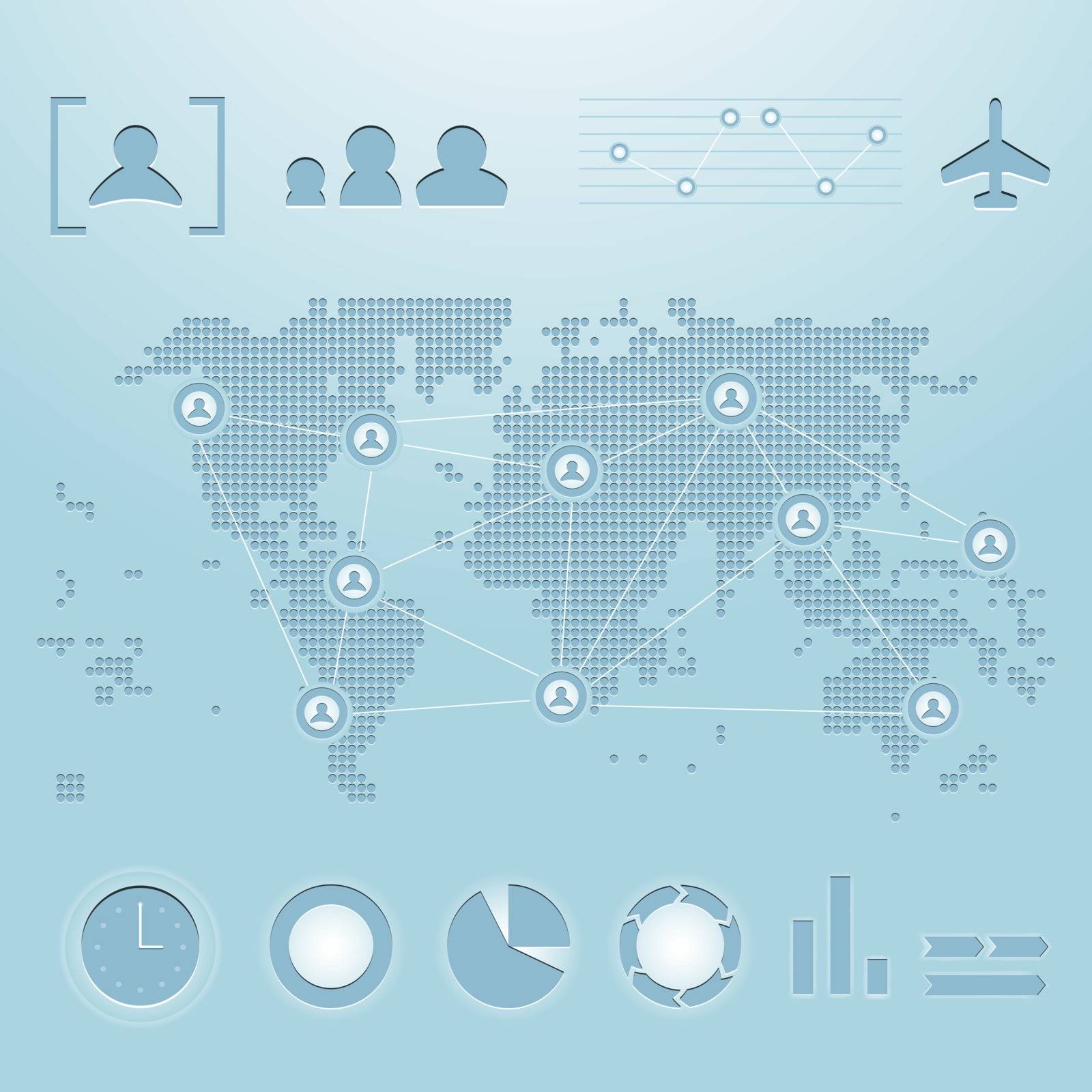 Vector stylized and embossed dotted world map with infographics elements