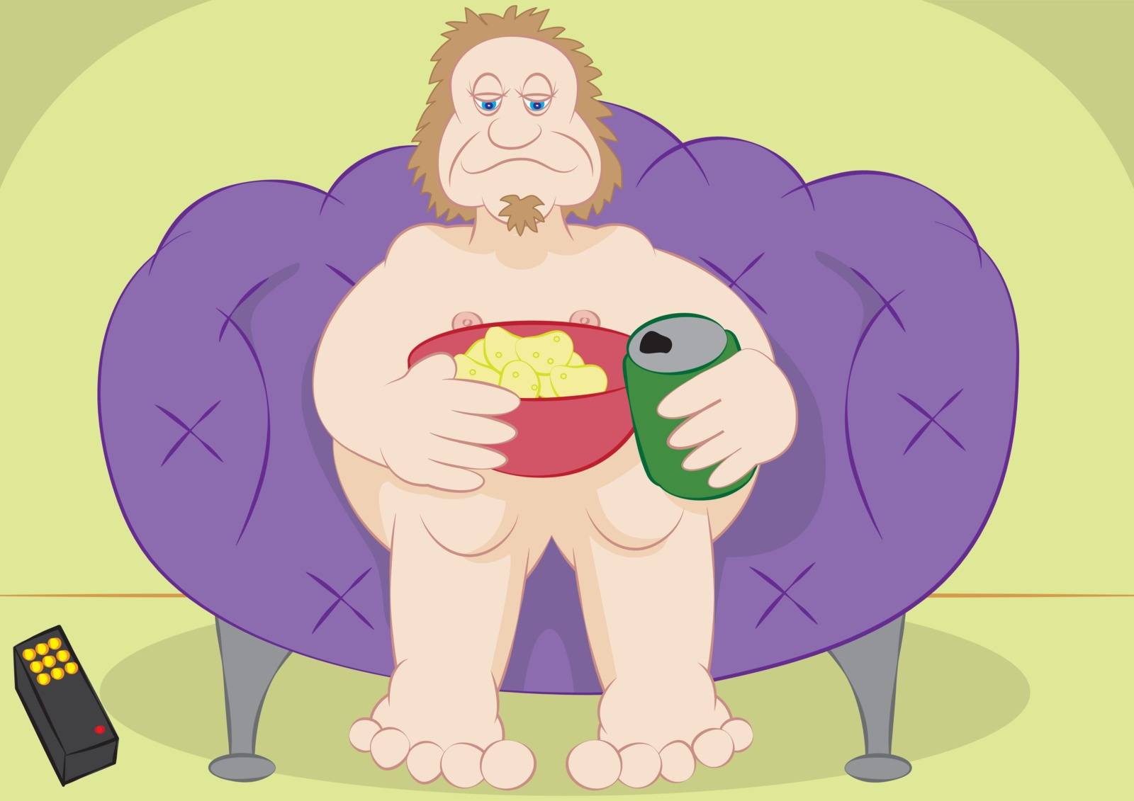 lazy guy couch potato with chips and beer vector illustration