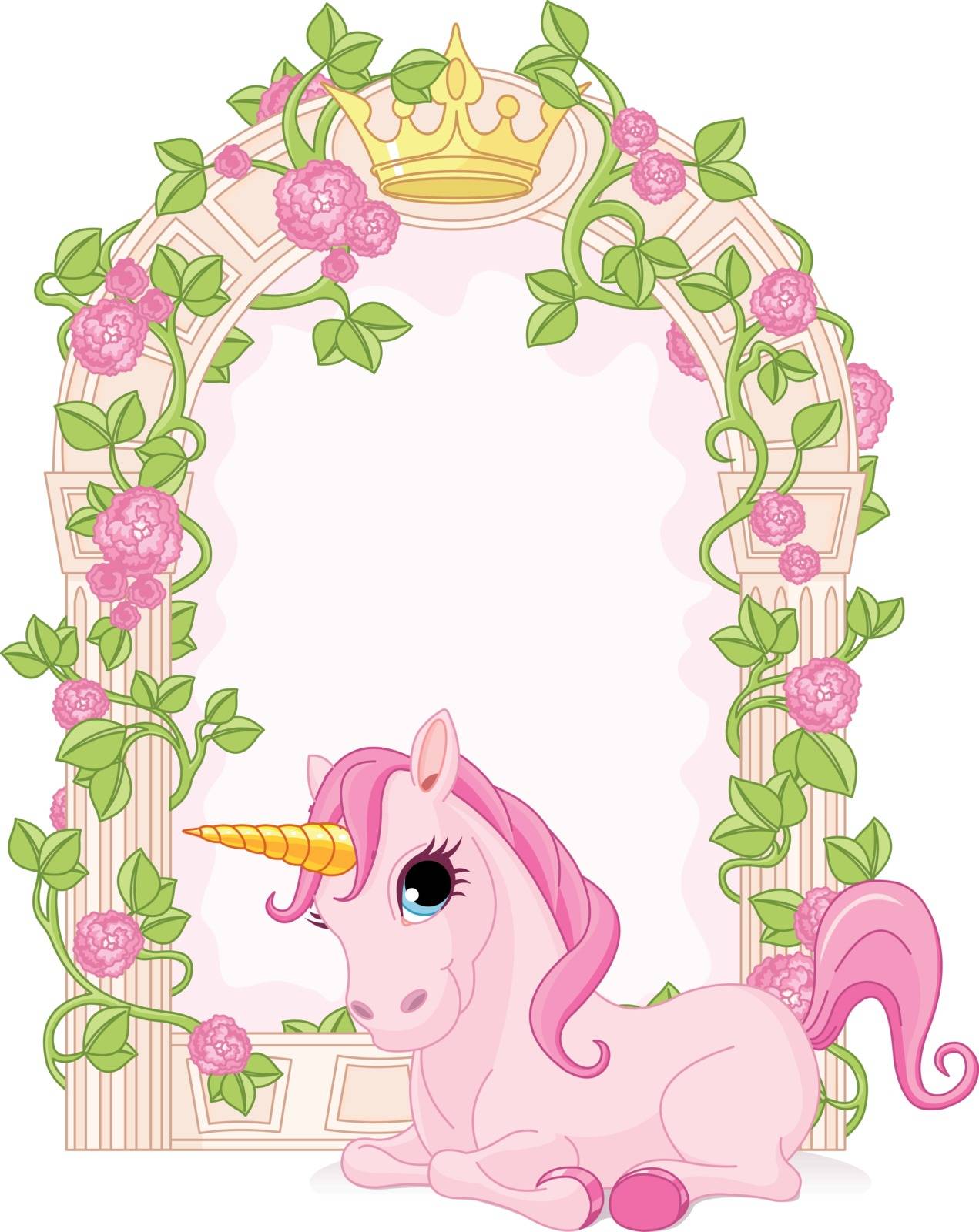 Romantic floral fairy tale frame with unicorn