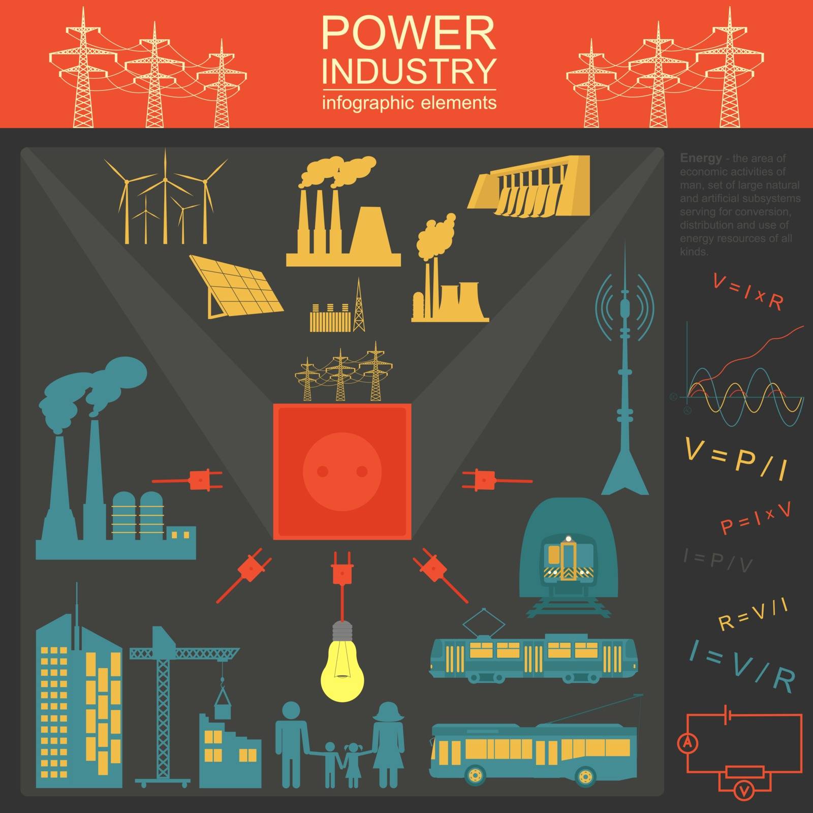 Power energy industry infographic, electric systems, set elements for creating your own infographics. Vector illustration