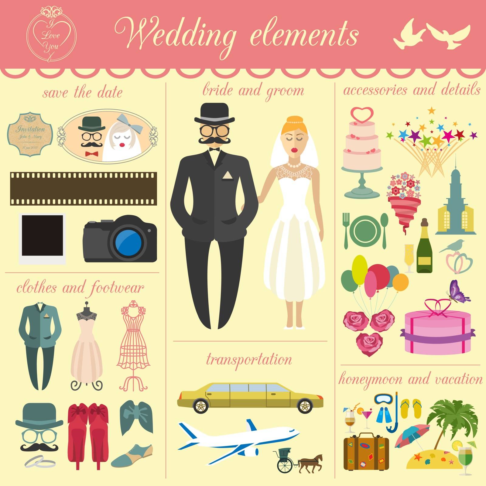 Set of vintage wedding, fashion style and travel infographic elements, templates. Vector illustration