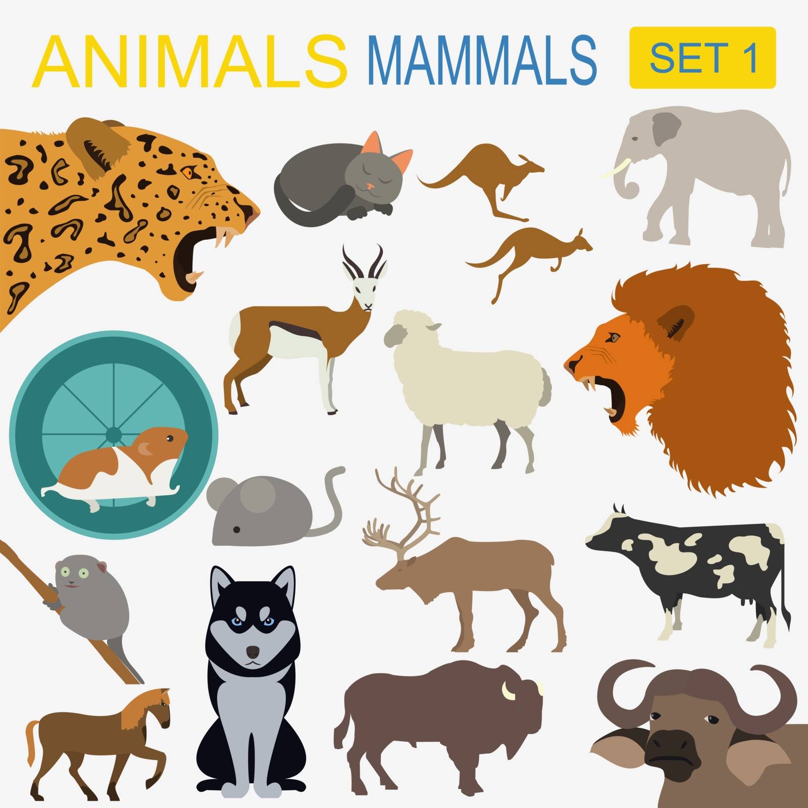 Animals mammals icon set. Vector flat style by A7880S