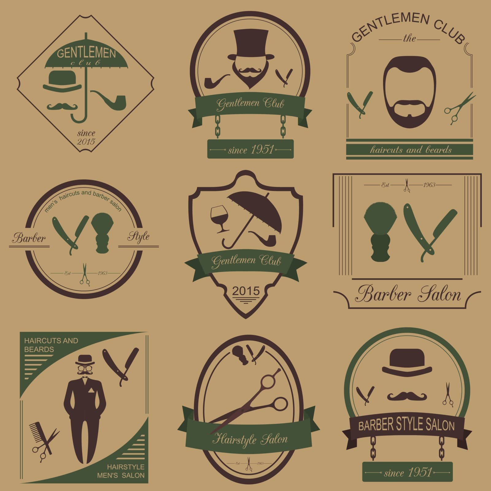Set of vintage barber, hairstyle and gentlemen club logos. Vecto by A7880S
