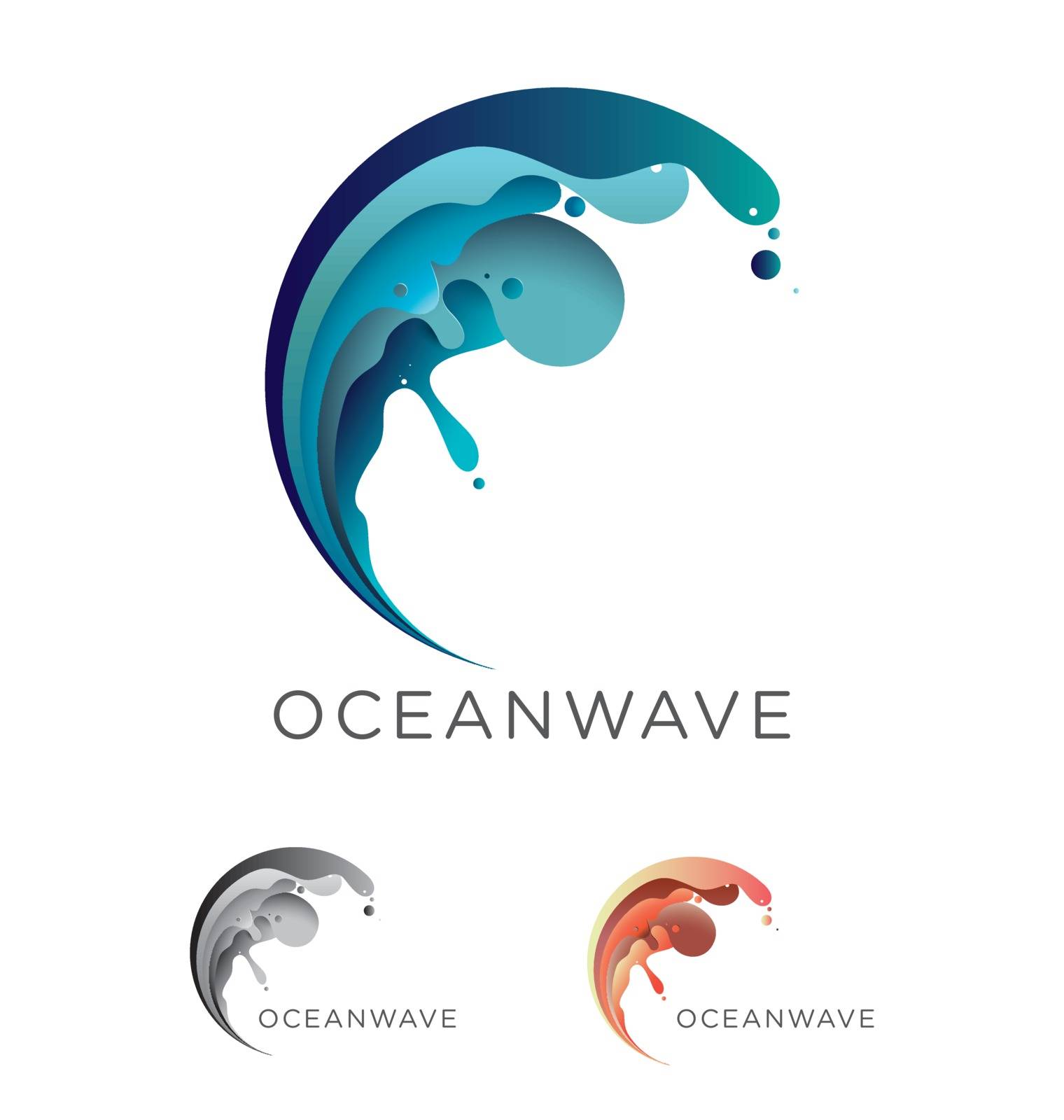 Abstract vector ocean wave emblem design in blue and teal tones including monochrome and coral-orange options