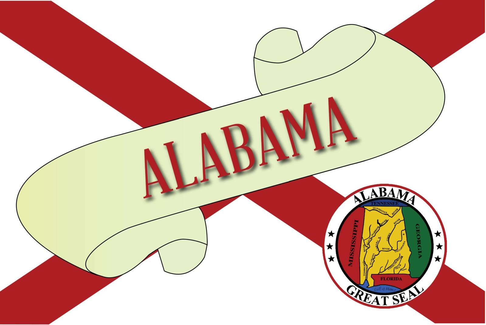 A scroll with the text Alabama with the flag of the state detail
