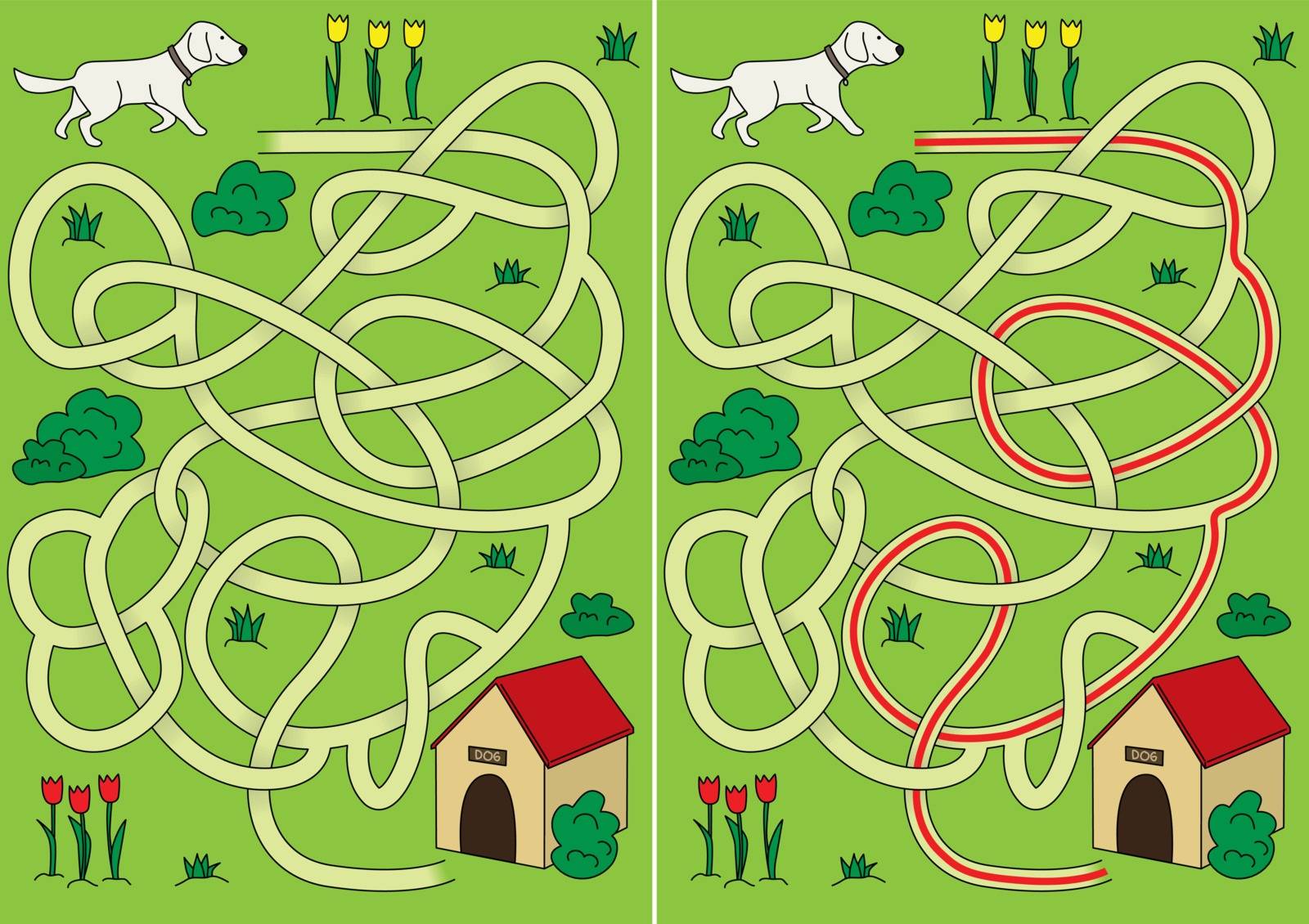 Dog maze for kids with a solution
