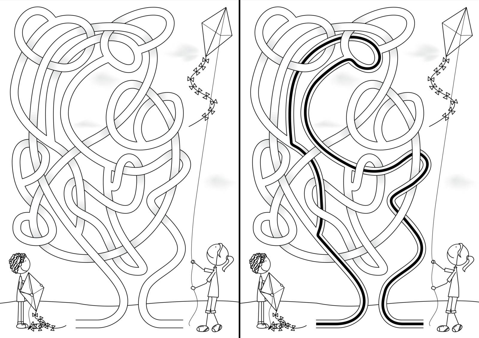 Kite maze for kids with a solution in black and white