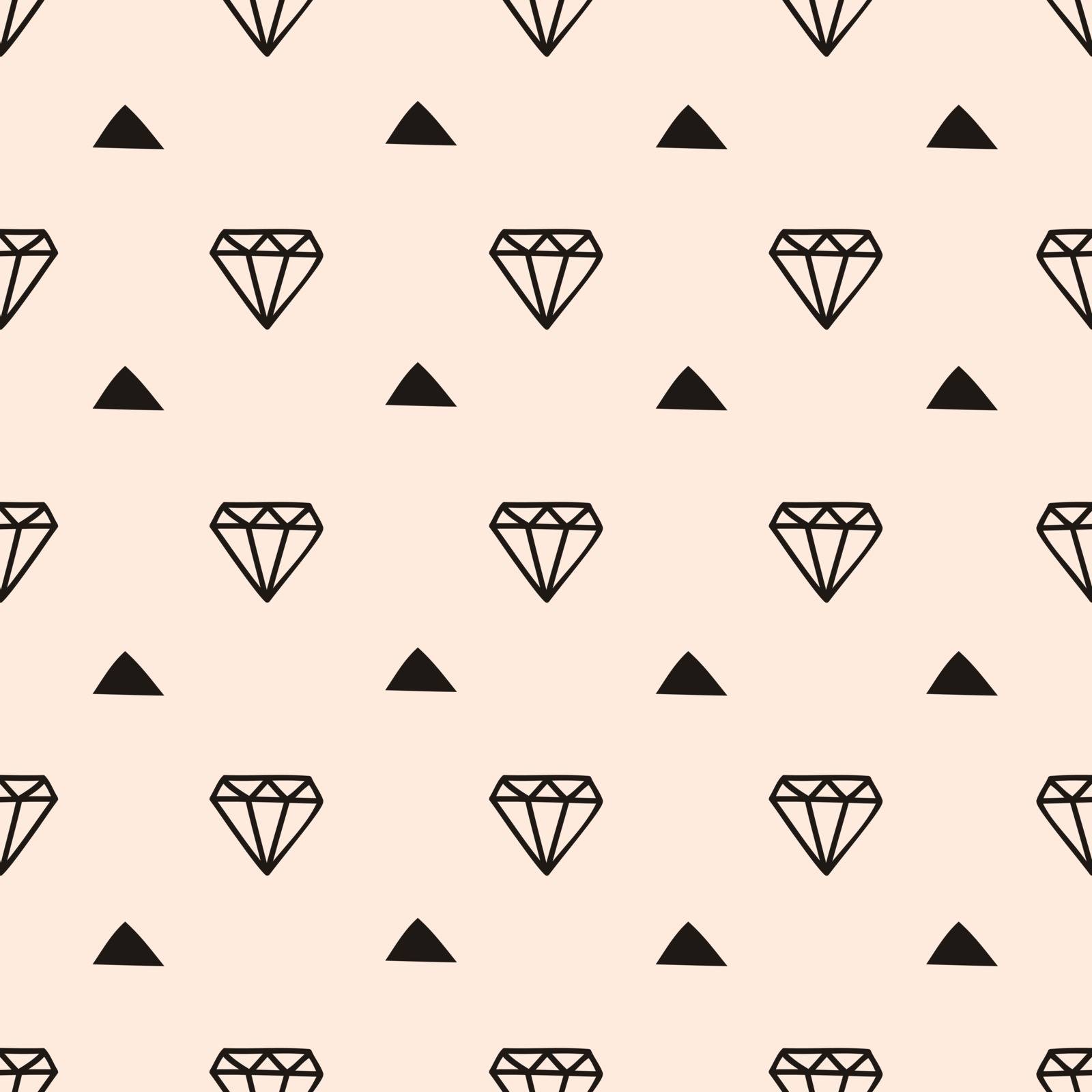 Seamless tiling pattern with diamond shapes and triangles. Vintage abstract repeat pattern in black and blush pink.