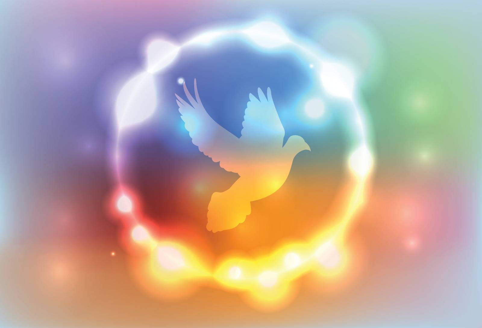 An illustration of a dove surrounded by a colorful abstract glowing lights. Vector EPS 10 available. EPS file contains transparencies and a gradient mesh.