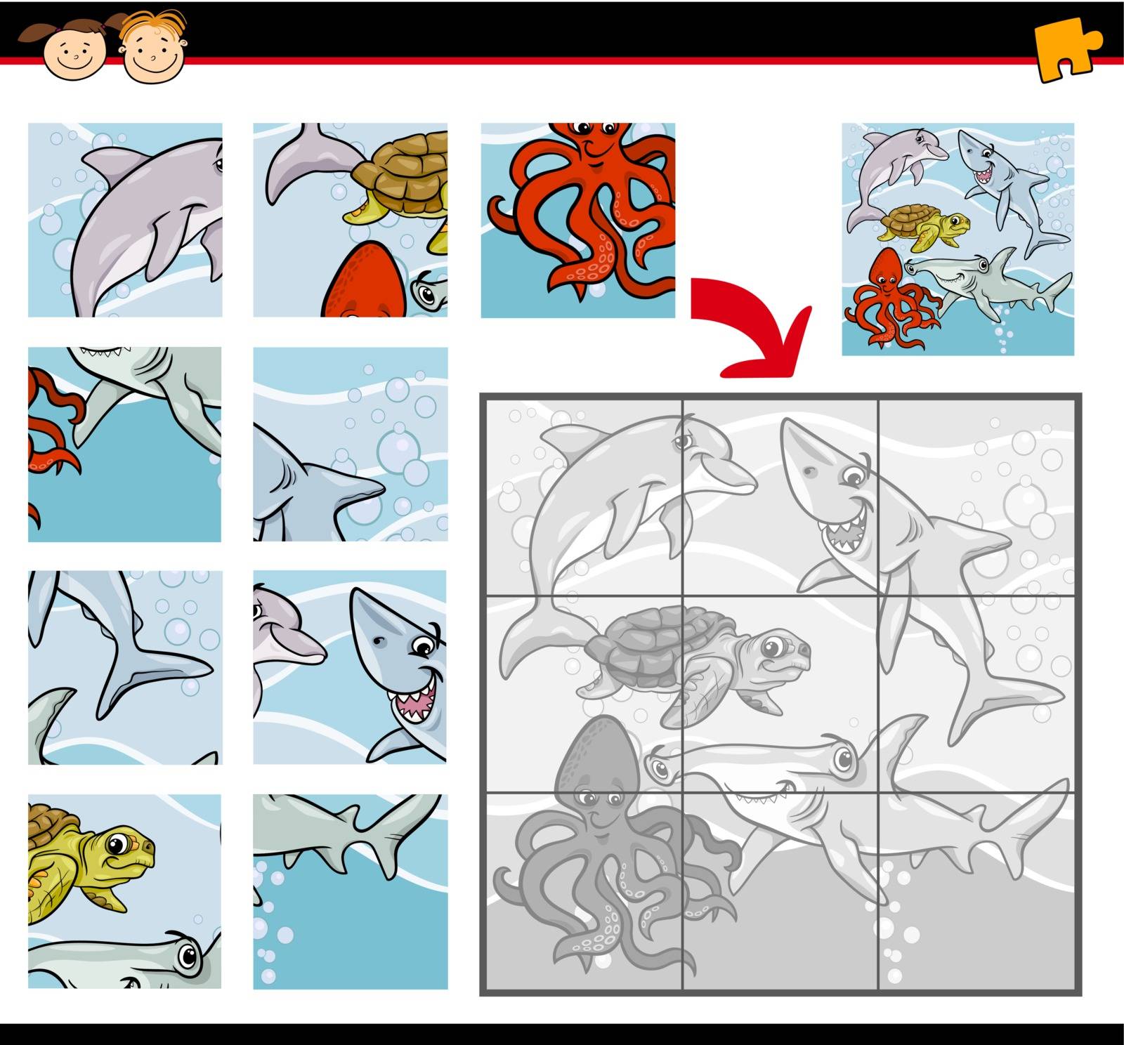 Cartoon Illustration of Education Jigsaw Puzzle Game for Preschool Children with Sea Life Animals or Fish Group