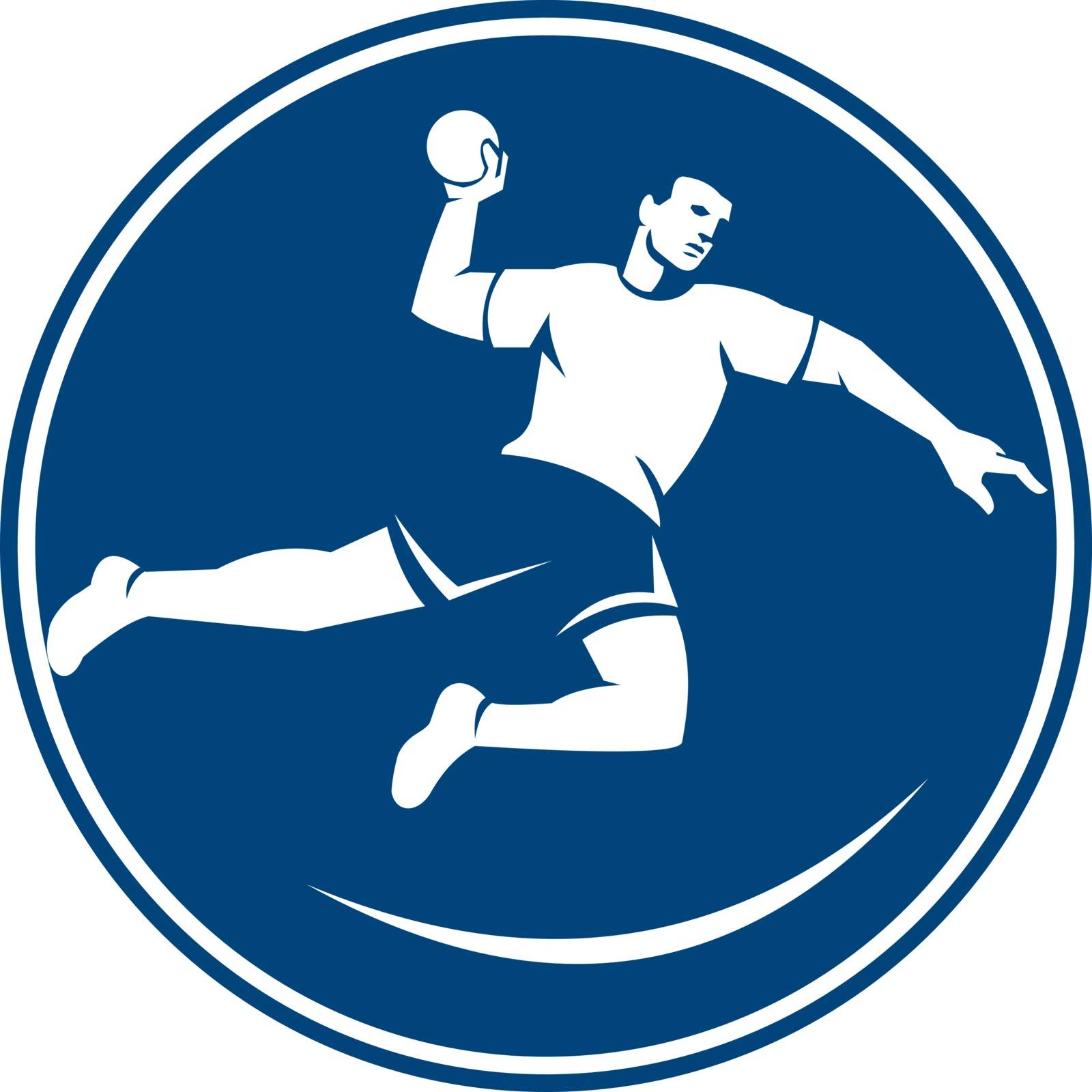 Icon illustration of a handball player jumping throwing ball scoring set inside circle on isolated background done in retro style.