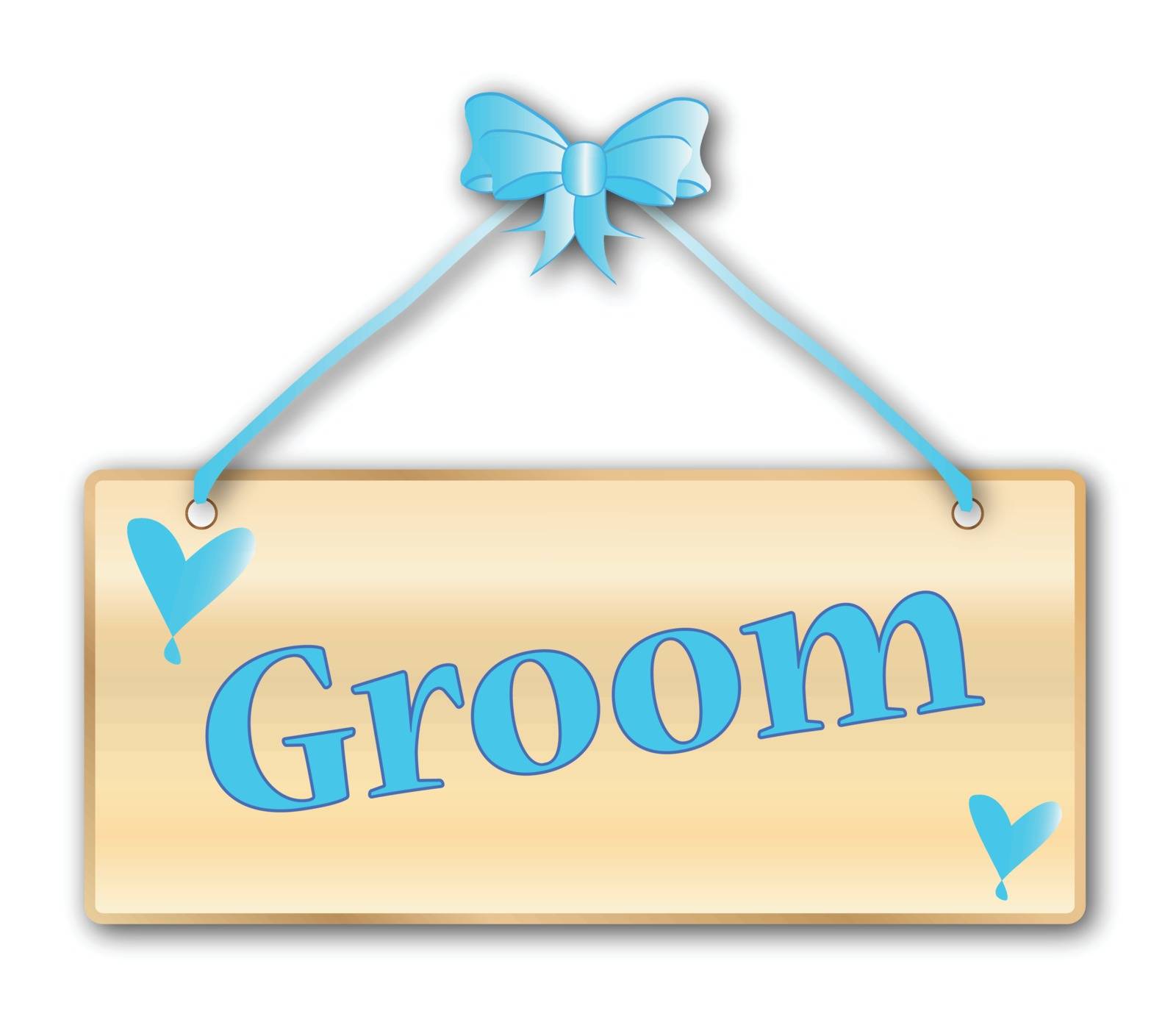 Groom plaque in woodgrain with blue ribbon and bow over a white background with love cartoon hearts