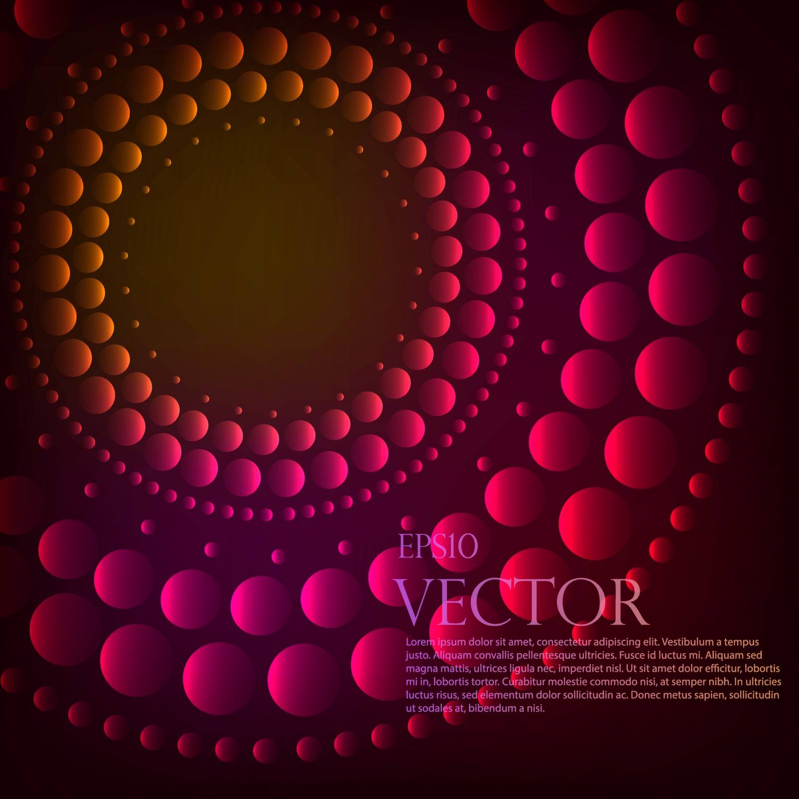 Abstract pattern of red graduated turquoise shiny dots or circles going from the darkest at the outer edge around a central black hole or vortex with copyspace