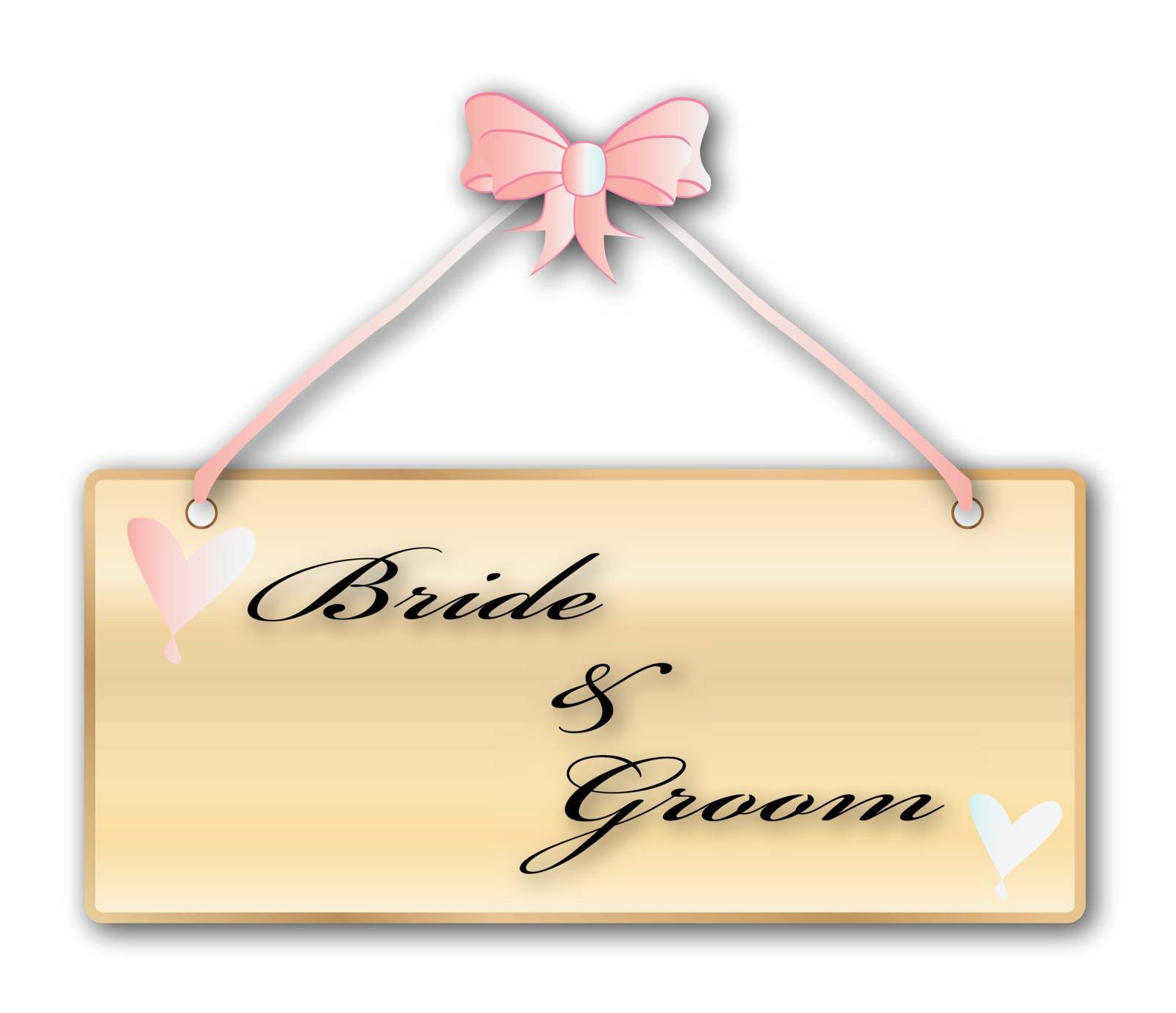 Bride, groom, sign in woodgrain with light pink ribbon and bow over a white background with love cartoon hearts