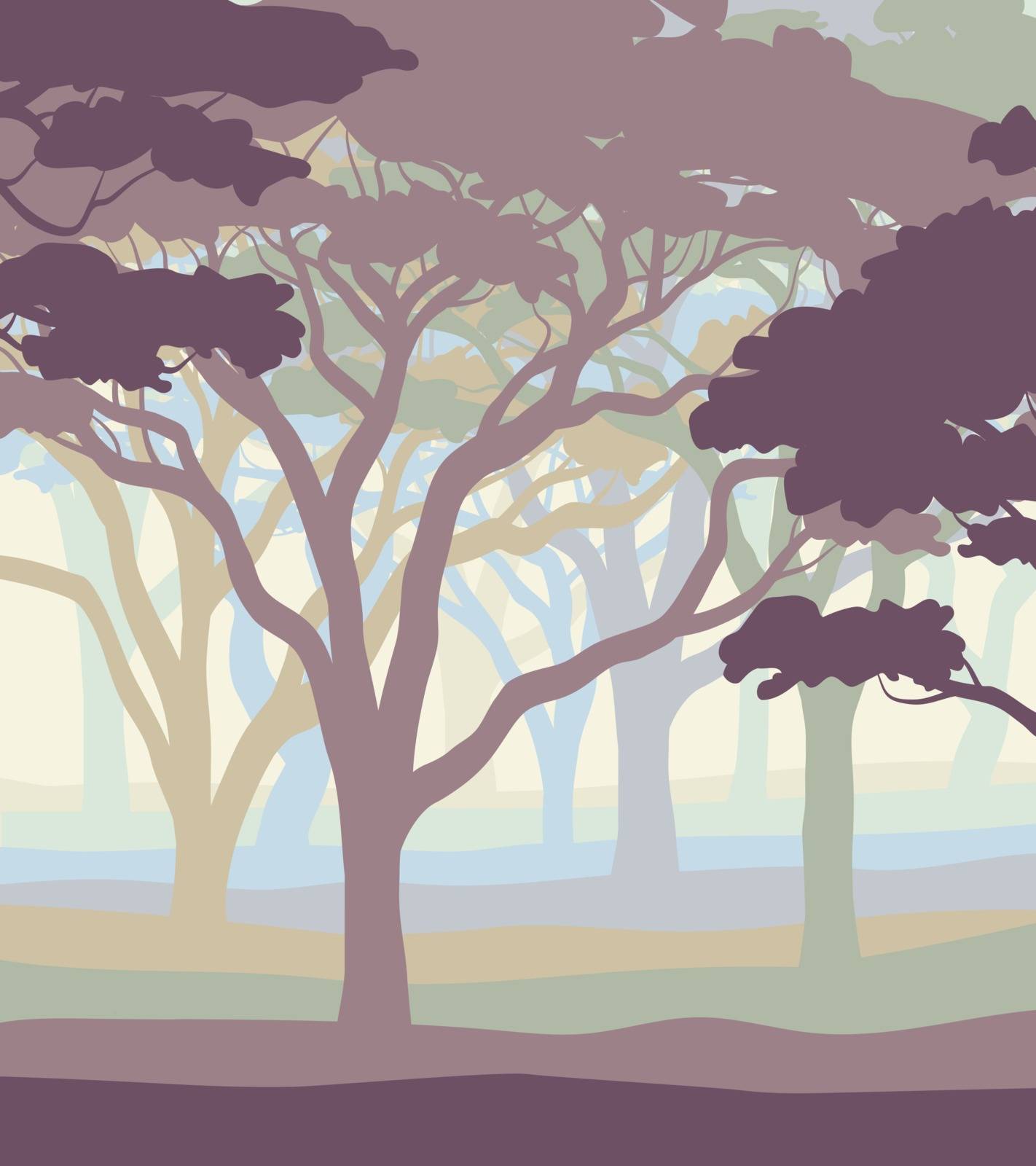 EPS8 editable vector illustration of an open acacia woodland in pastel colors