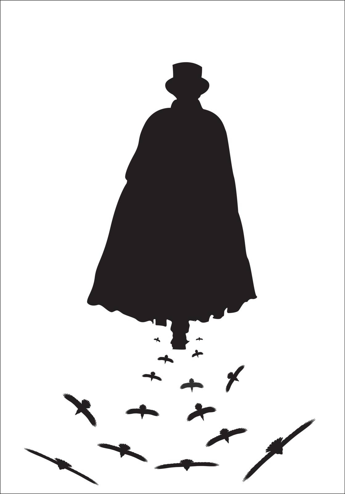 A silhouette of Jack the ripper walking with crows isolated on a white background