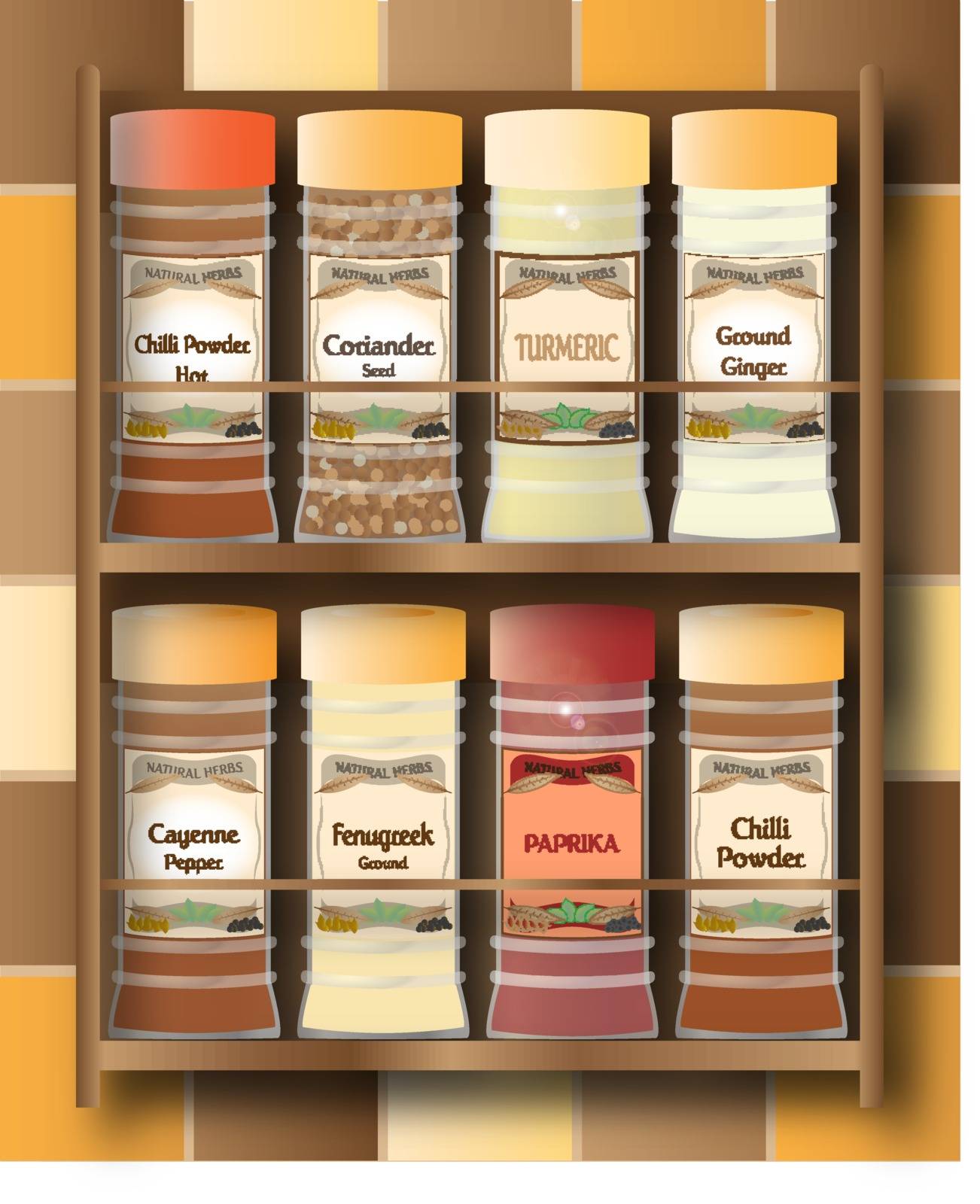 A small spice rack with hot spices on a kitchen tile background