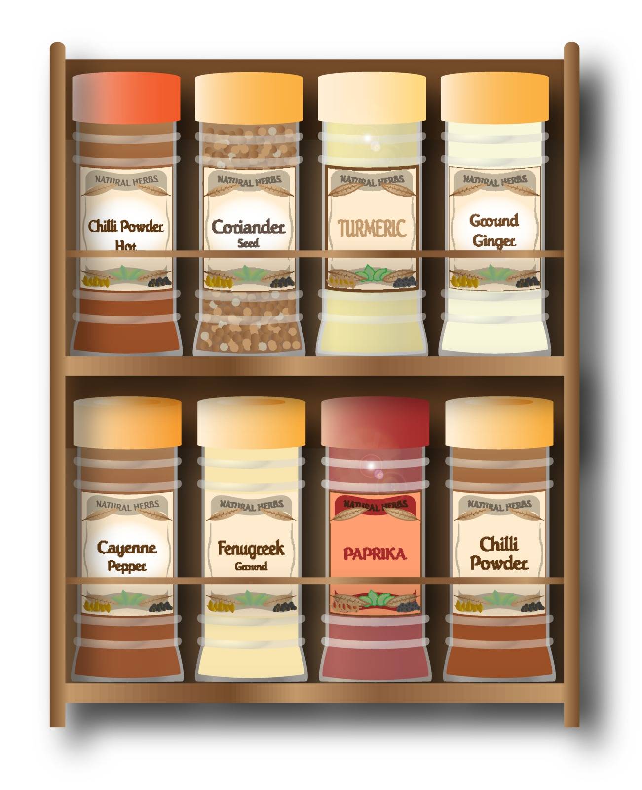 A small spice rack with hot spices isolated on a white background