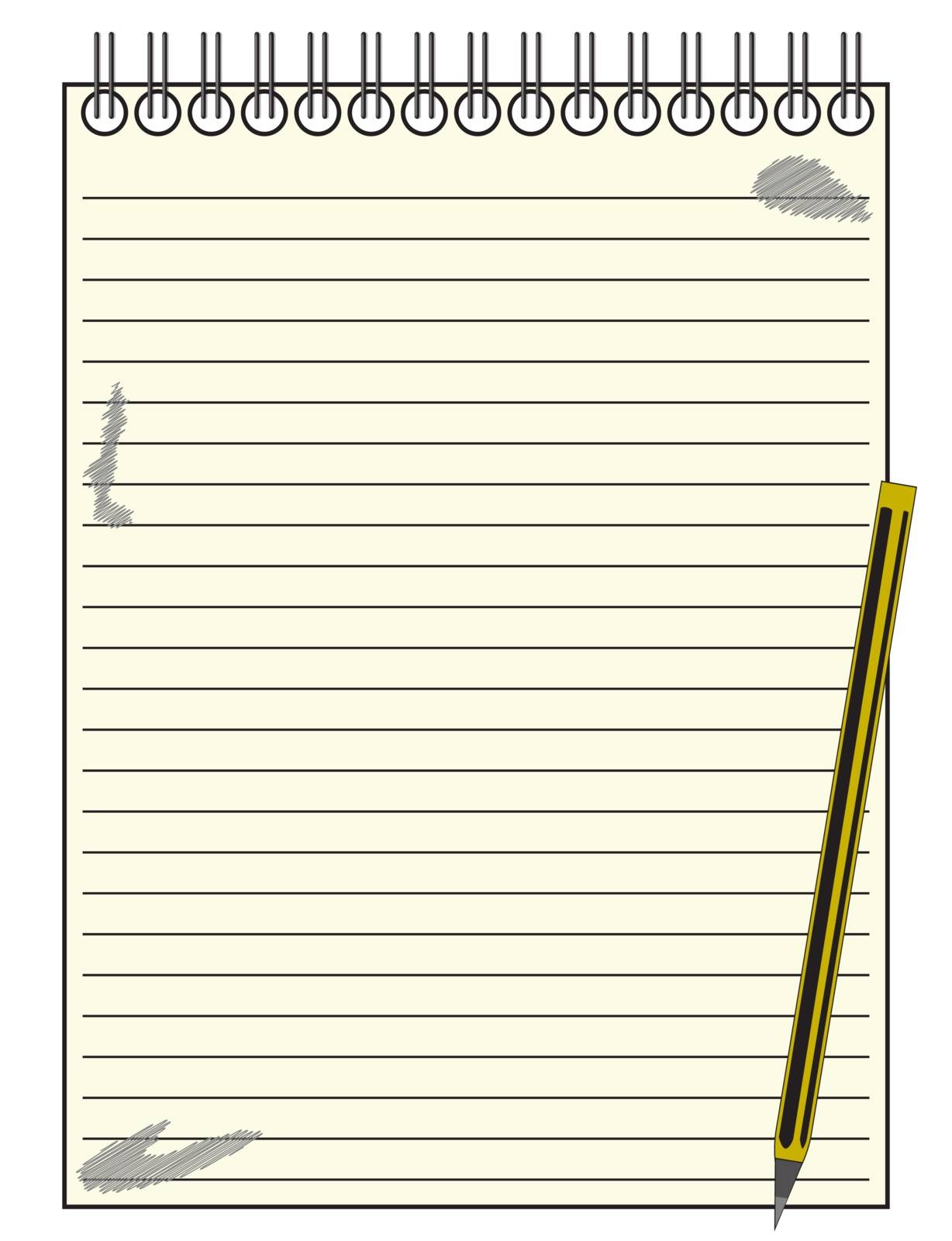 A lined reporter's blank notepad template or background with a pencil isolated on a white background