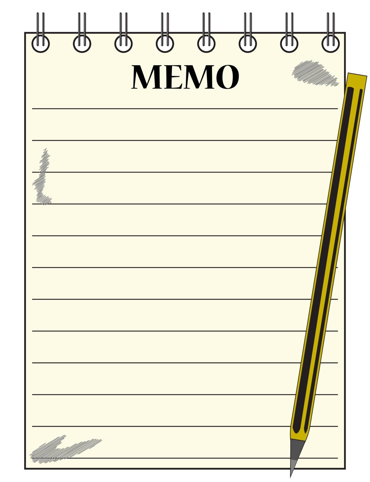 A lined memo blank notepad template or background with a pencil isolated on a white background